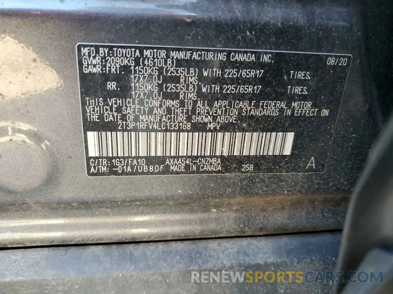 14 fotografías del automóvil dañado 2T3P1RFV4LC133168 TOYOTA RAV4 2020