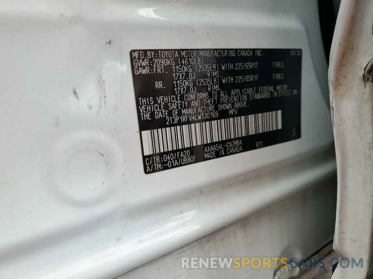 13 fotografías del automóvil dañado 2T3P1RFV4LW130169 TOYOTA RAV4 2020