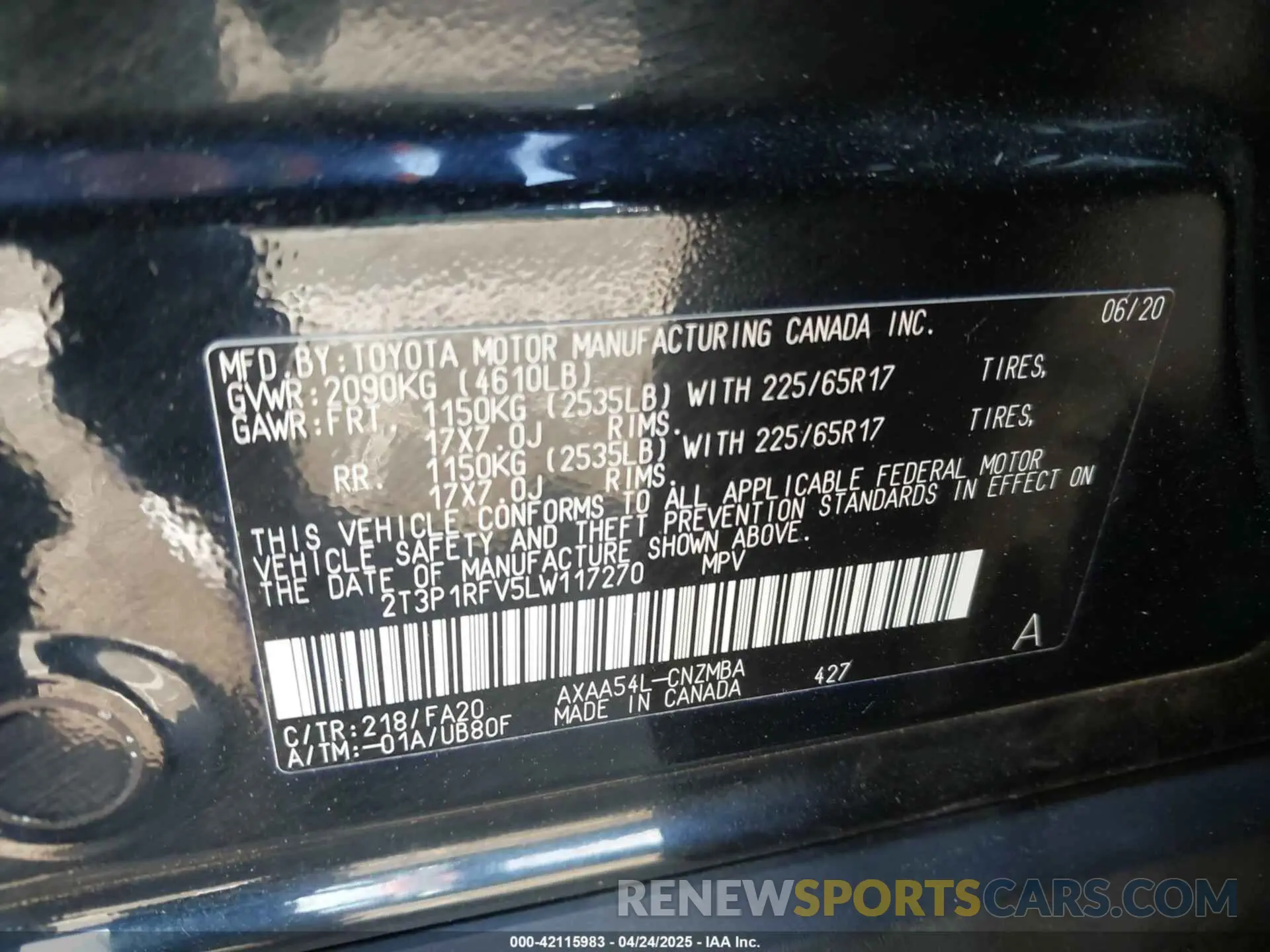 9 fotografías del automóvil dañado 2T3P1RFV5LW117270 TOYOTA RAV4 2020