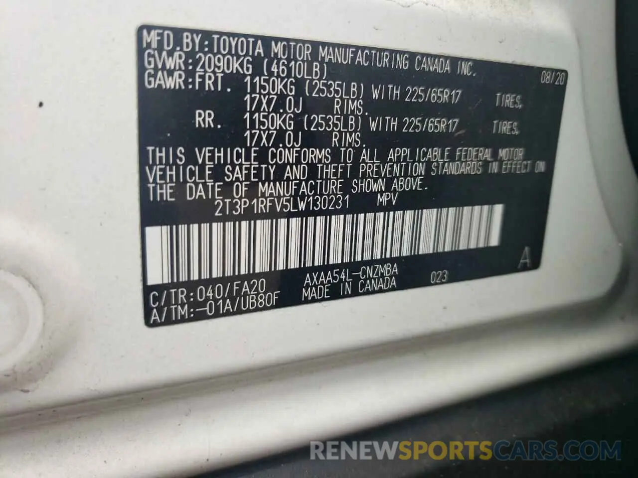 12 fotografías del automóvil dañado 2T3P1RFV5LW130231 TOYOTA RAV4 2020