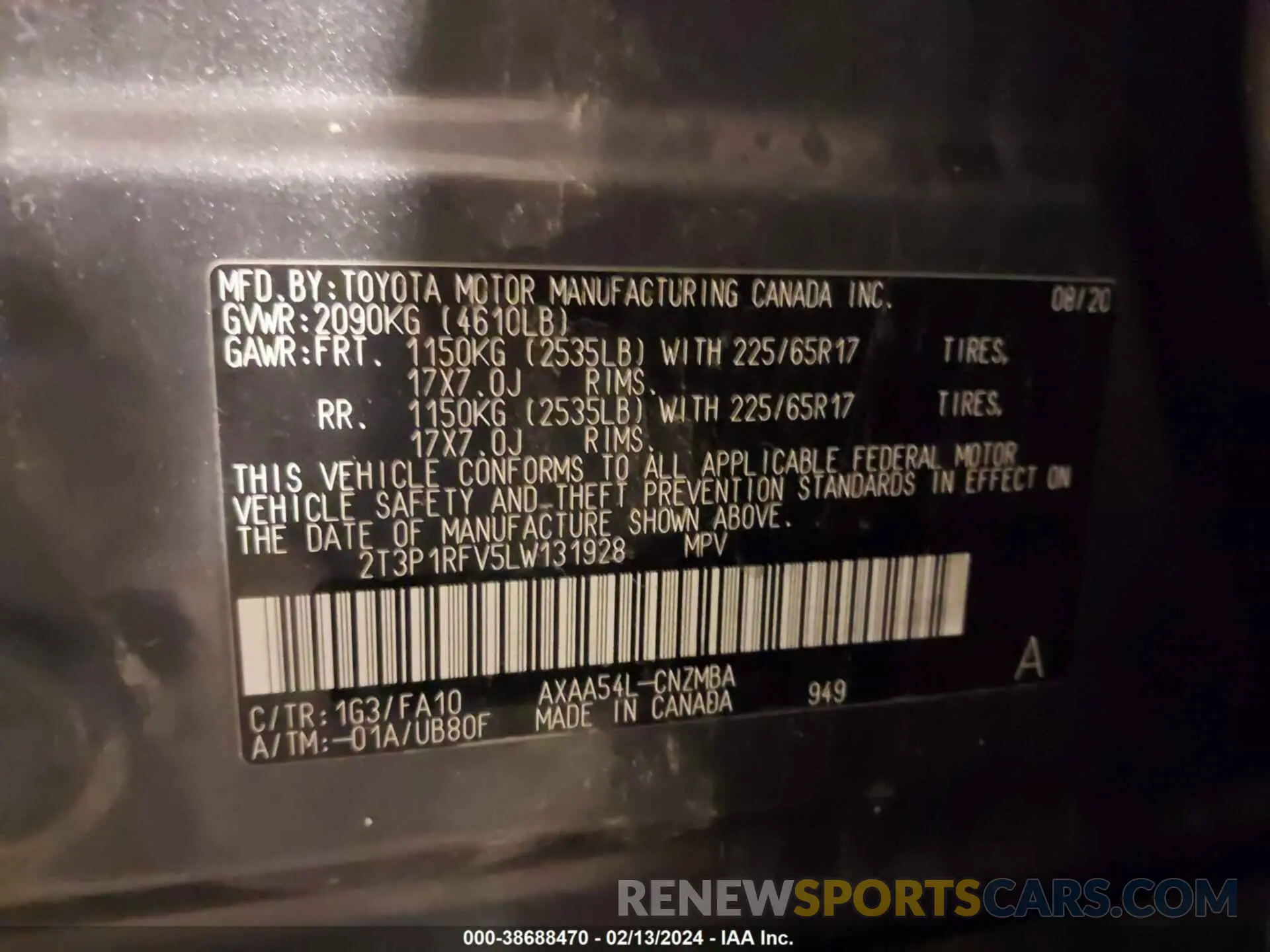 9 fotografías del automóvil dañado 2T3P1RFV5LW131928 TOYOTA RAV4 2020