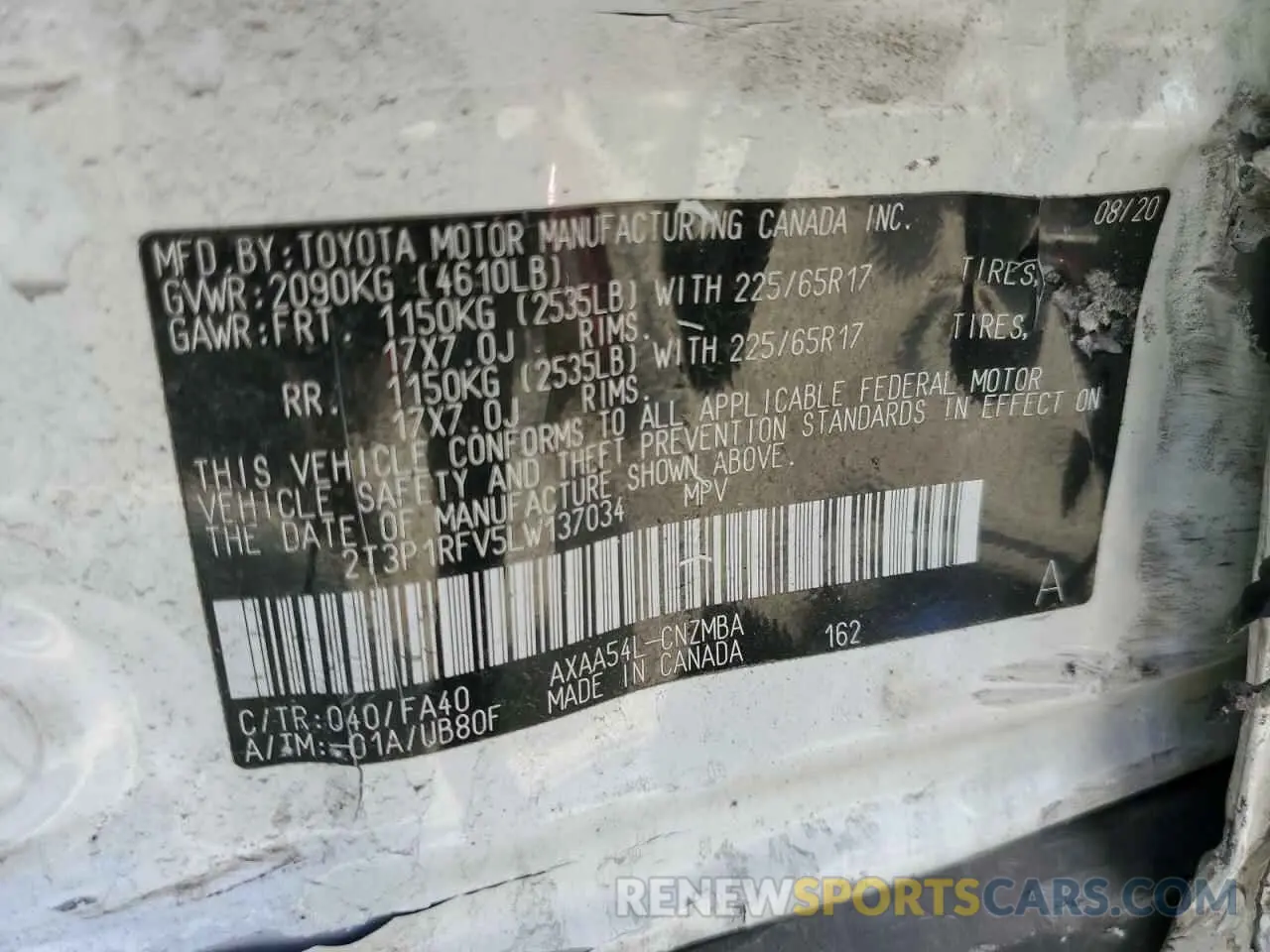 15 fotografías del automóvil dañado 2T3P1RFV5LW137034 TOYOTA RAV4 2020