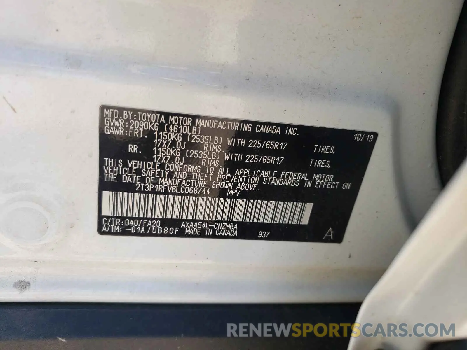 10 fotografías del automóvil dañado 2T3P1RFV6LC068744 TOYOTA RAV4 2020
