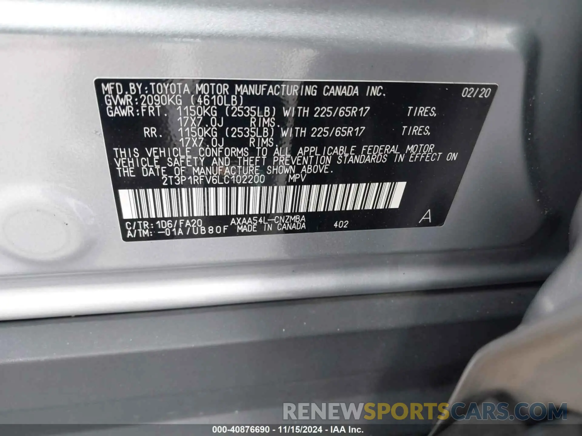 9 fotografías del automóvil dañado 2T3P1RFV6LC102200 TOYOTA RAV4 2020