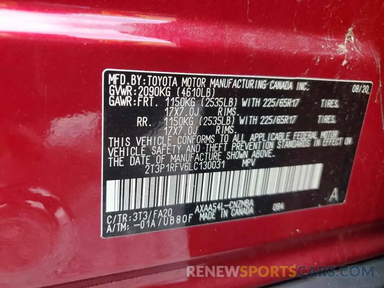 12 fotografías del automóvil dañado 2T3P1RFV6LC130031 TOYOTA RAV4 2020