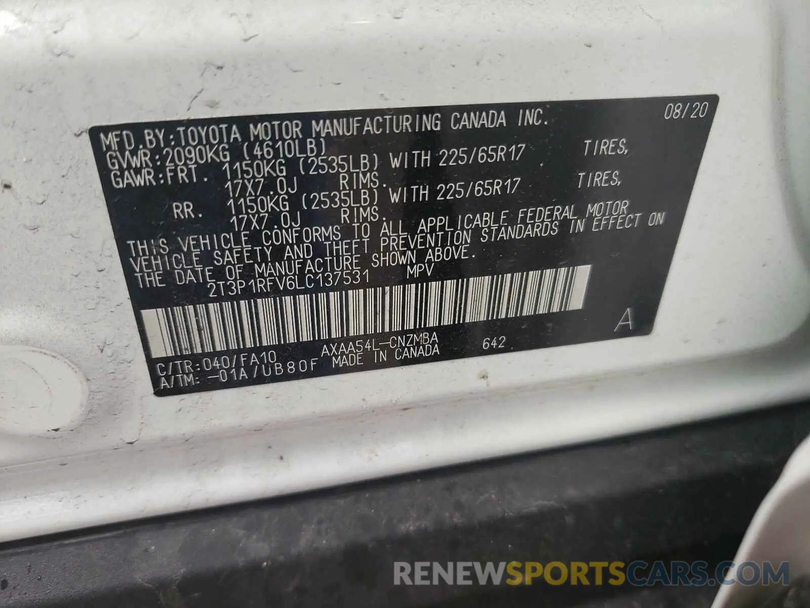 10 fotografías del automóvil dañado 2T3P1RFV6LC137531 TOYOTA RAV4 2020