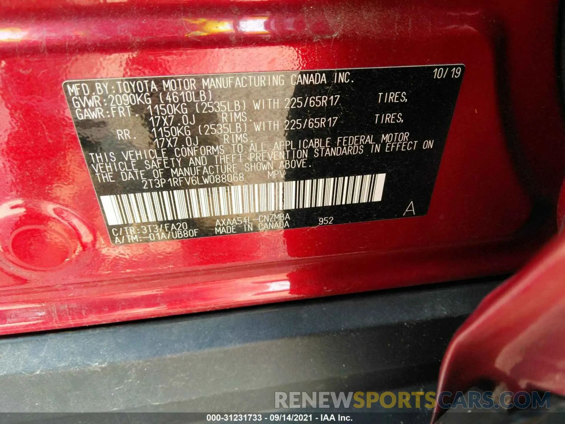 9 fotografías del automóvil dañado 2T3P1RFV6LW088068 TOYOTA RAV4 2020