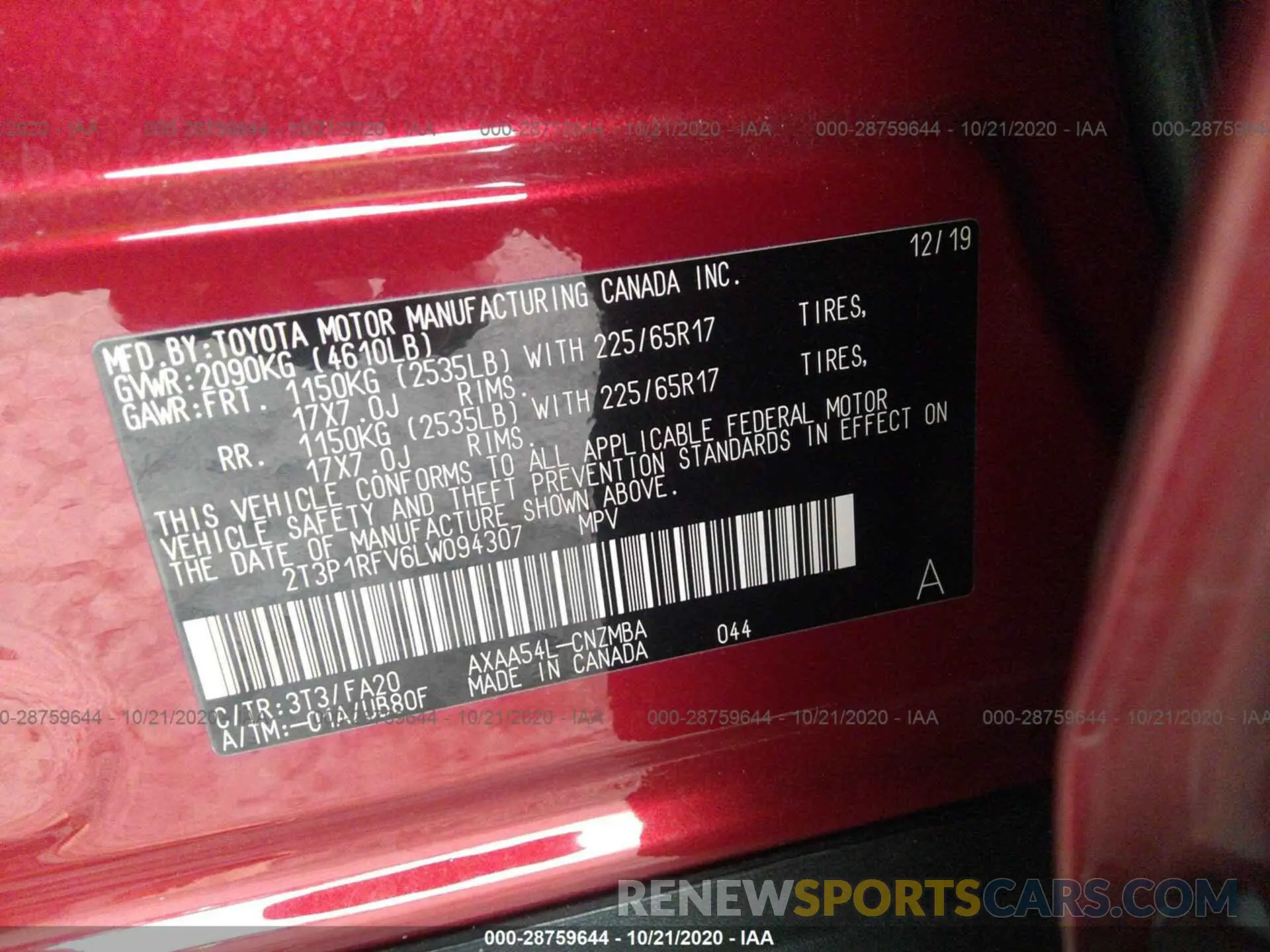 9 fotografías del automóvil dañado 2T3P1RFV6LW094307 TOYOTA RAV4 2020