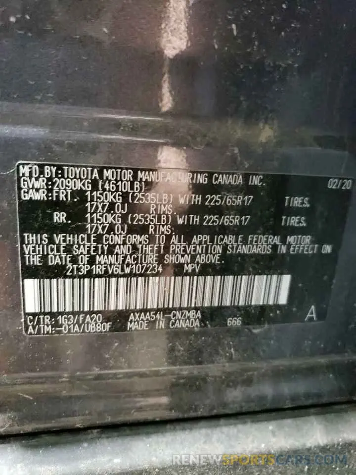 14 fotografías del automóvil dañado 2T3P1RFV6LW107234 TOYOTA RAV4 2020
