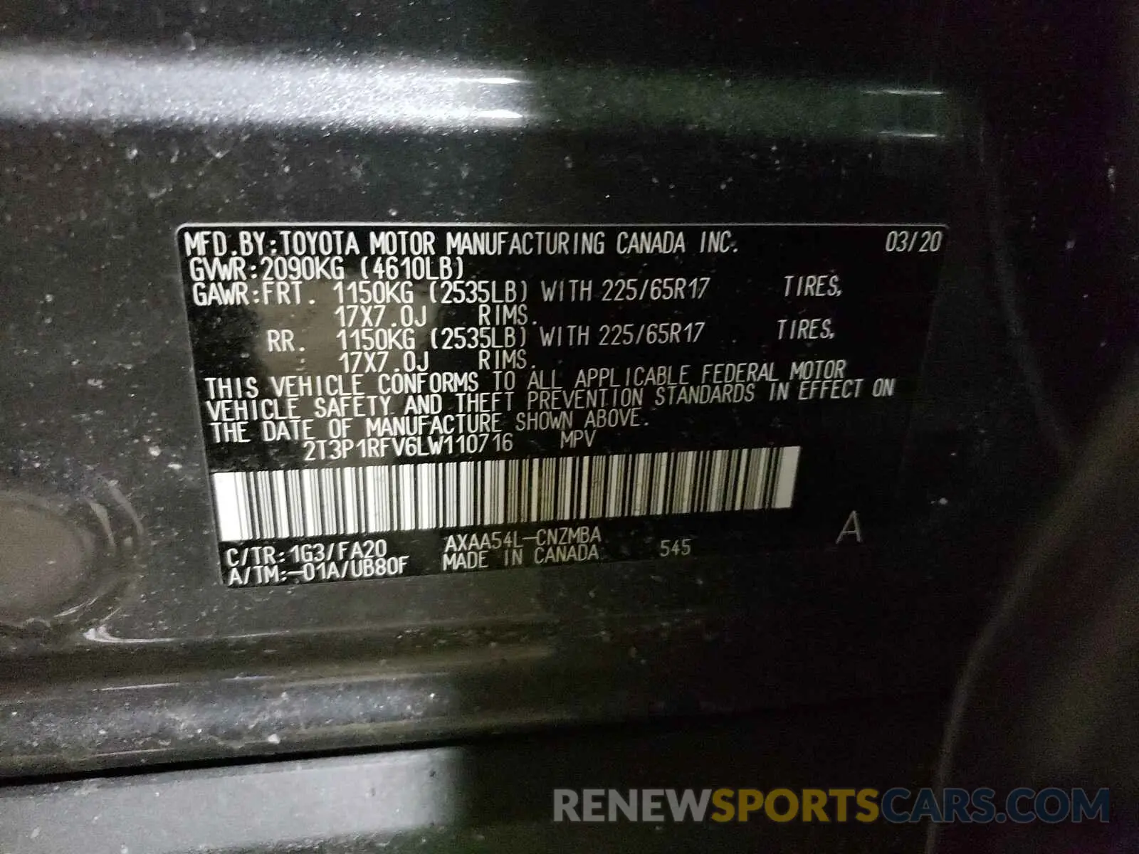 10 fotografías del automóvil dañado 2T3P1RFV6LW110716 TOYOTA RAV4 2020