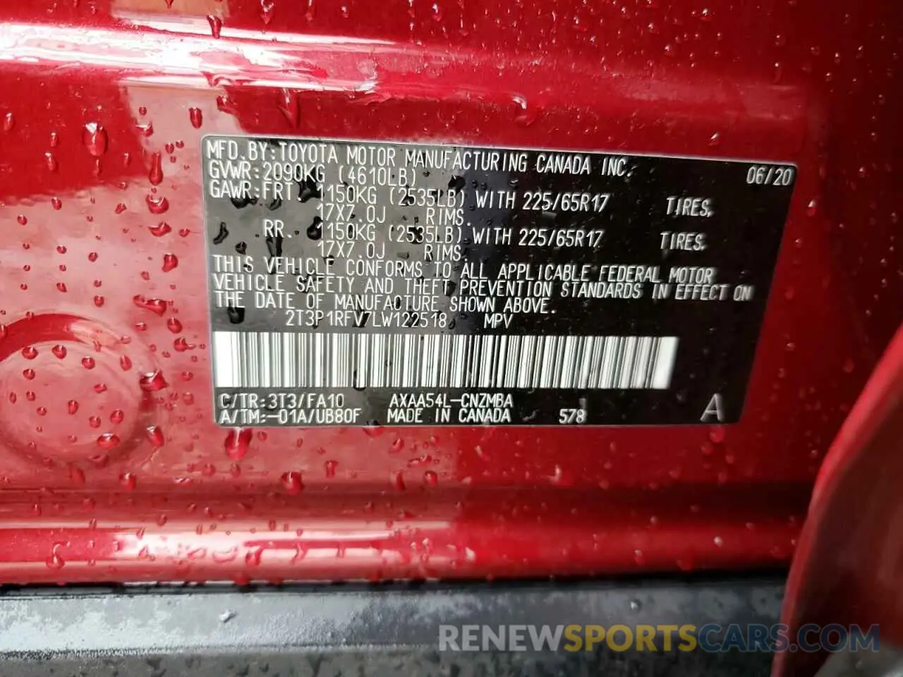 10 fotografías del automóvil dañado 2T3P1RFV7LW122518 TOYOTA RAV4 2020