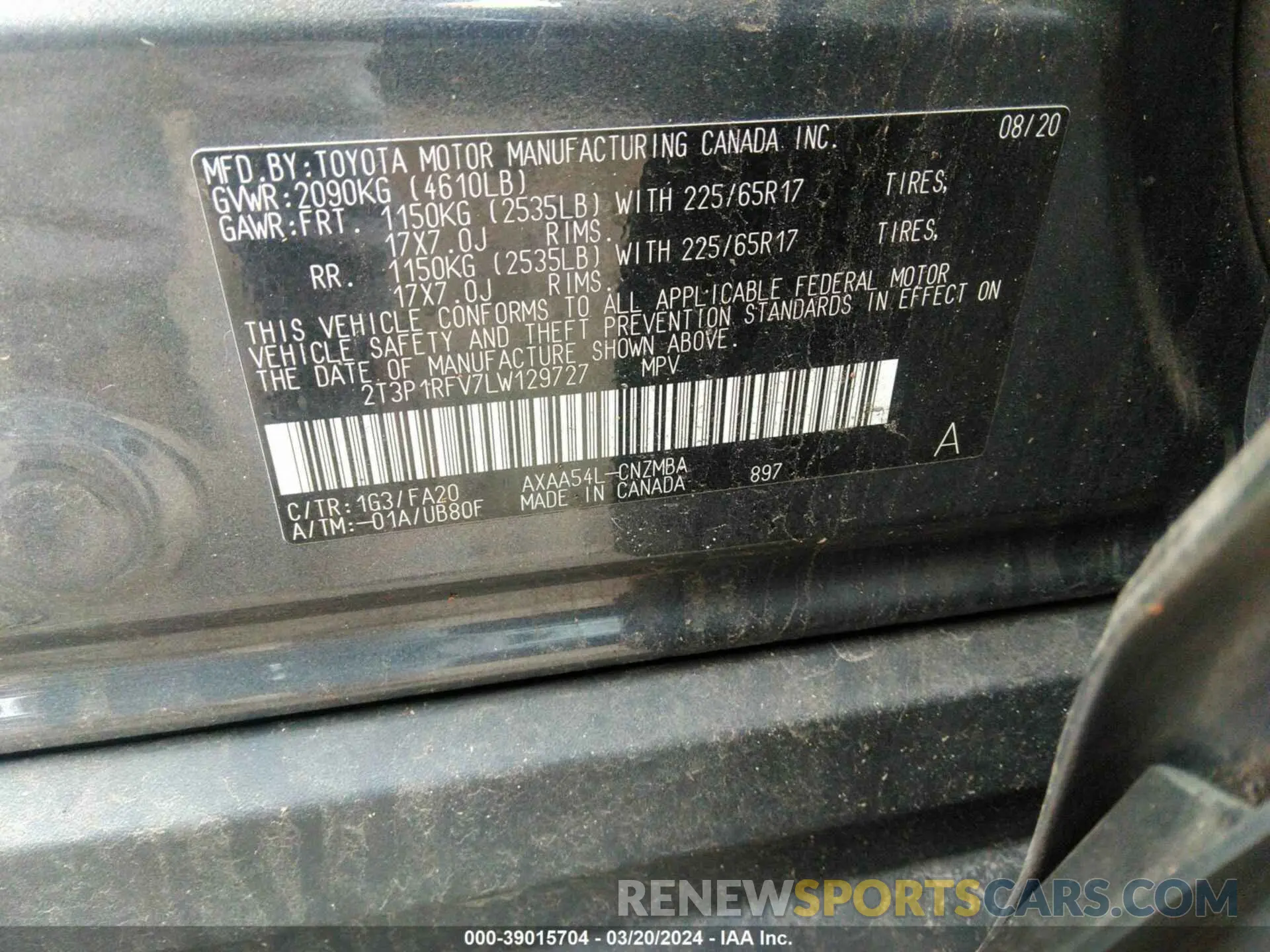 9 fotografías del automóvil dañado 2T3P1RFV7LW129727 TOYOTA RAV4 2020