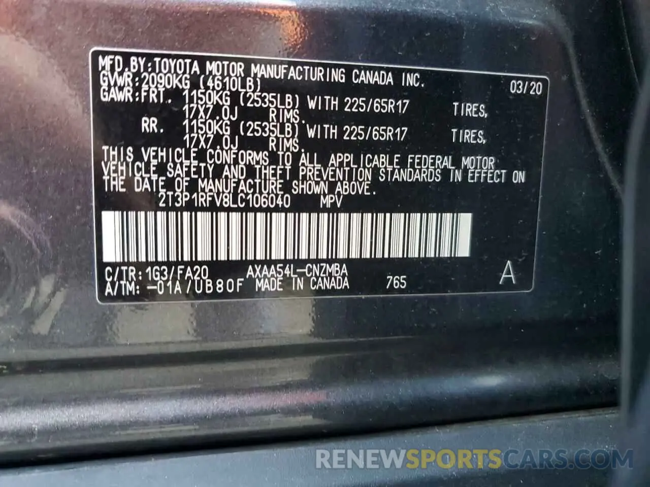 13 fotografías del automóvil dañado 2T3P1RFV8LC106040 TOYOTA RAV4 2020