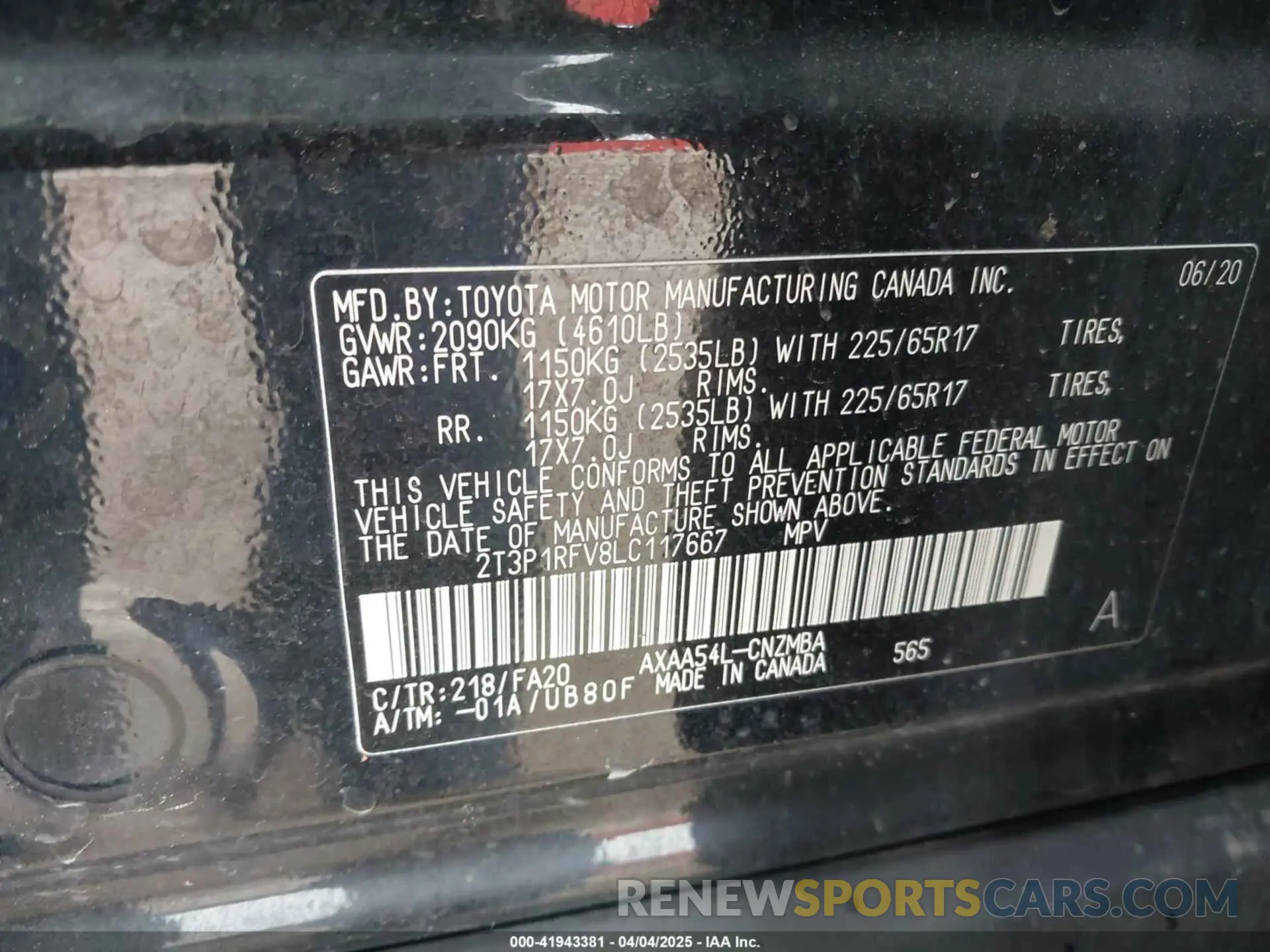 9 fotografías del automóvil dañado 2T3P1RFV8LC117667 TOYOTA RAV4 2020