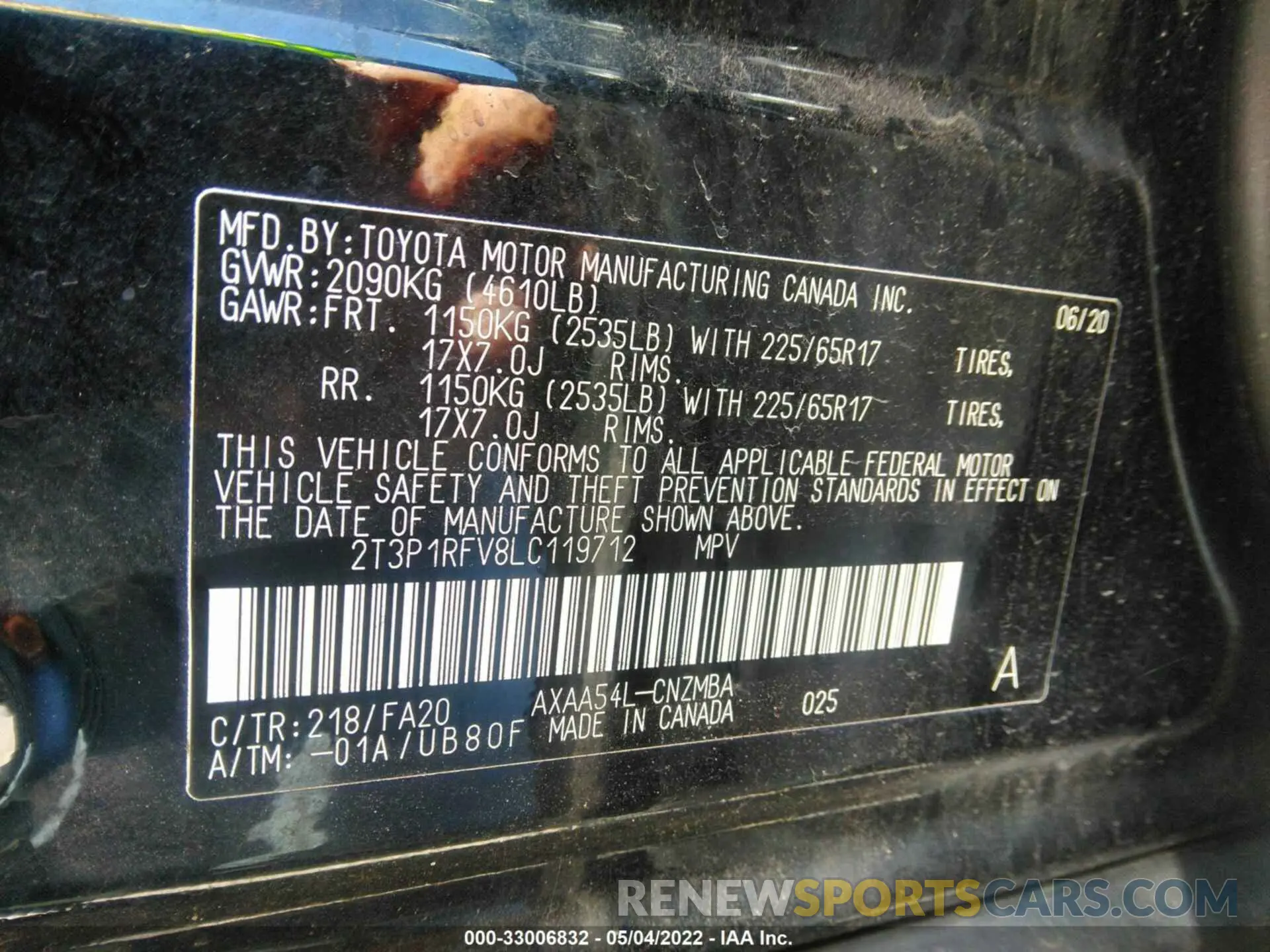 9 fotografías del automóvil dañado 2T3P1RFV8LC119712 TOYOTA RAV4 2020