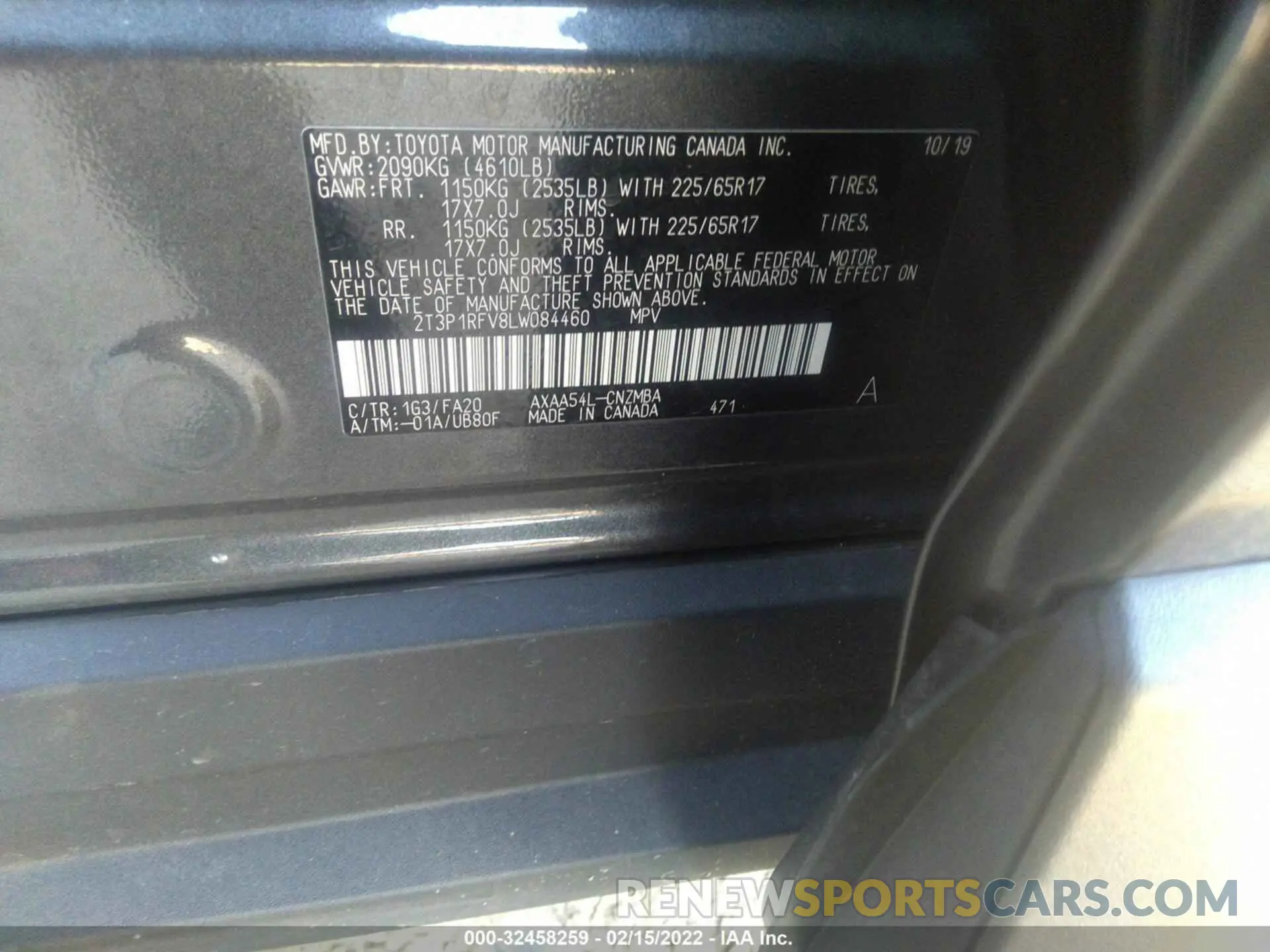 9 fotografías del automóvil dañado 2T3P1RFV8LW084460 TOYOTA RAV4 2020