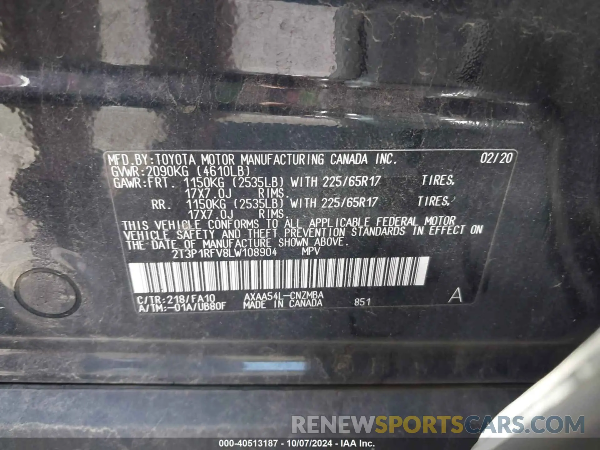 9 fotografías del automóvil dañado 2T3P1RFV8LW108904 TOYOTA RAV4 2020