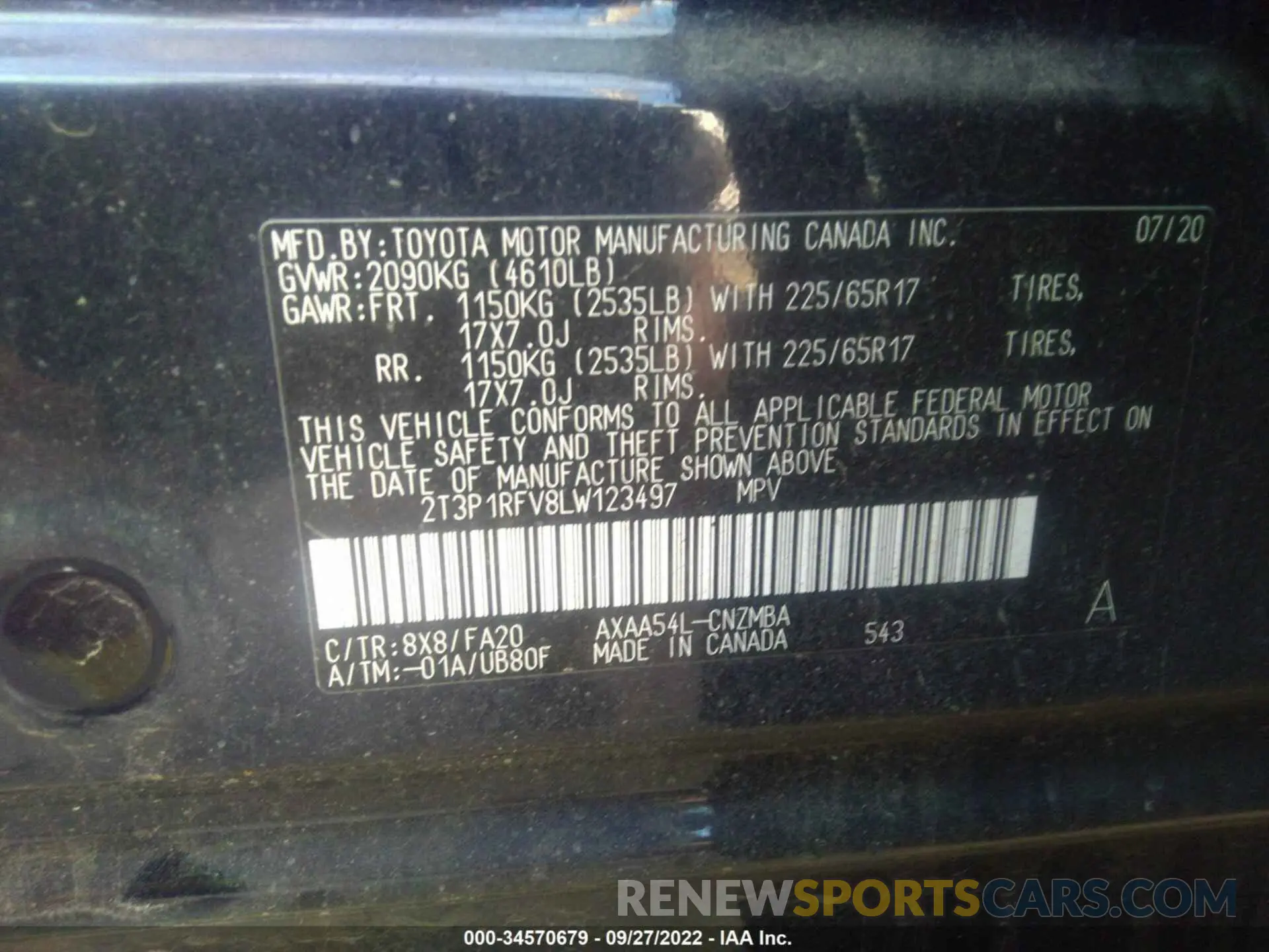 9 fotografías del automóvil dañado 2T3P1RFV8LW123497 TOYOTA RAV4 2020