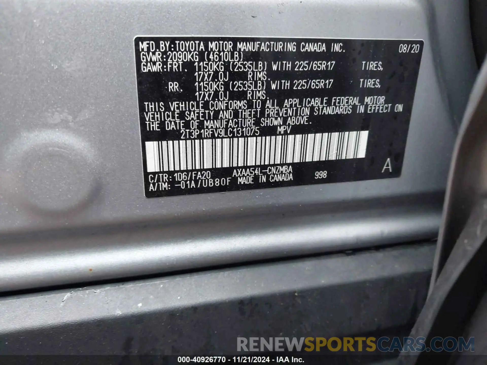 9 fotografías del automóvil dañado 2T3P1RFV9LC131075 TOYOTA RAV4 2020