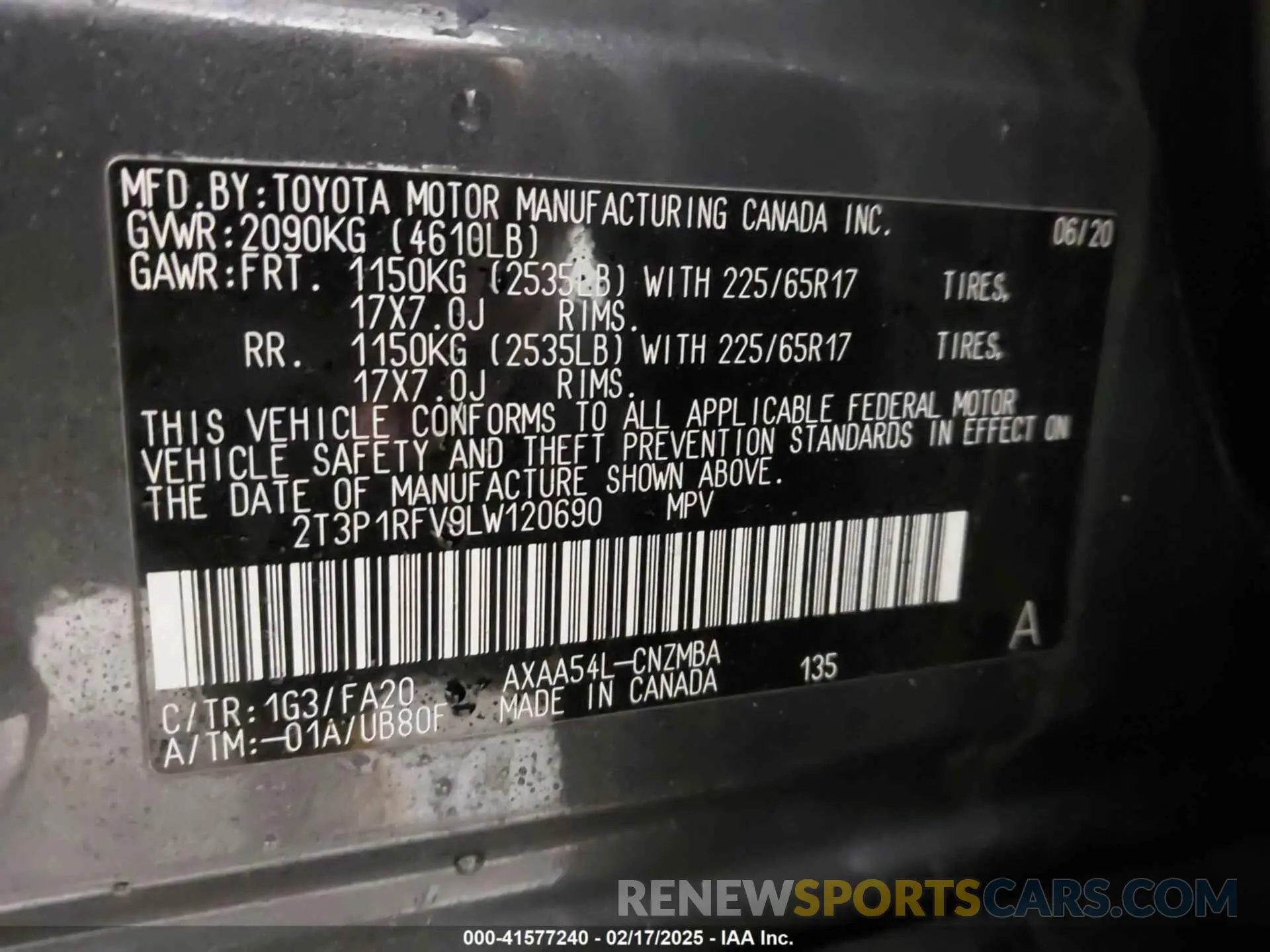 9 fotografías del automóvil dañado 2T3P1RFV9LW120690 TOYOTA RAV4 2020