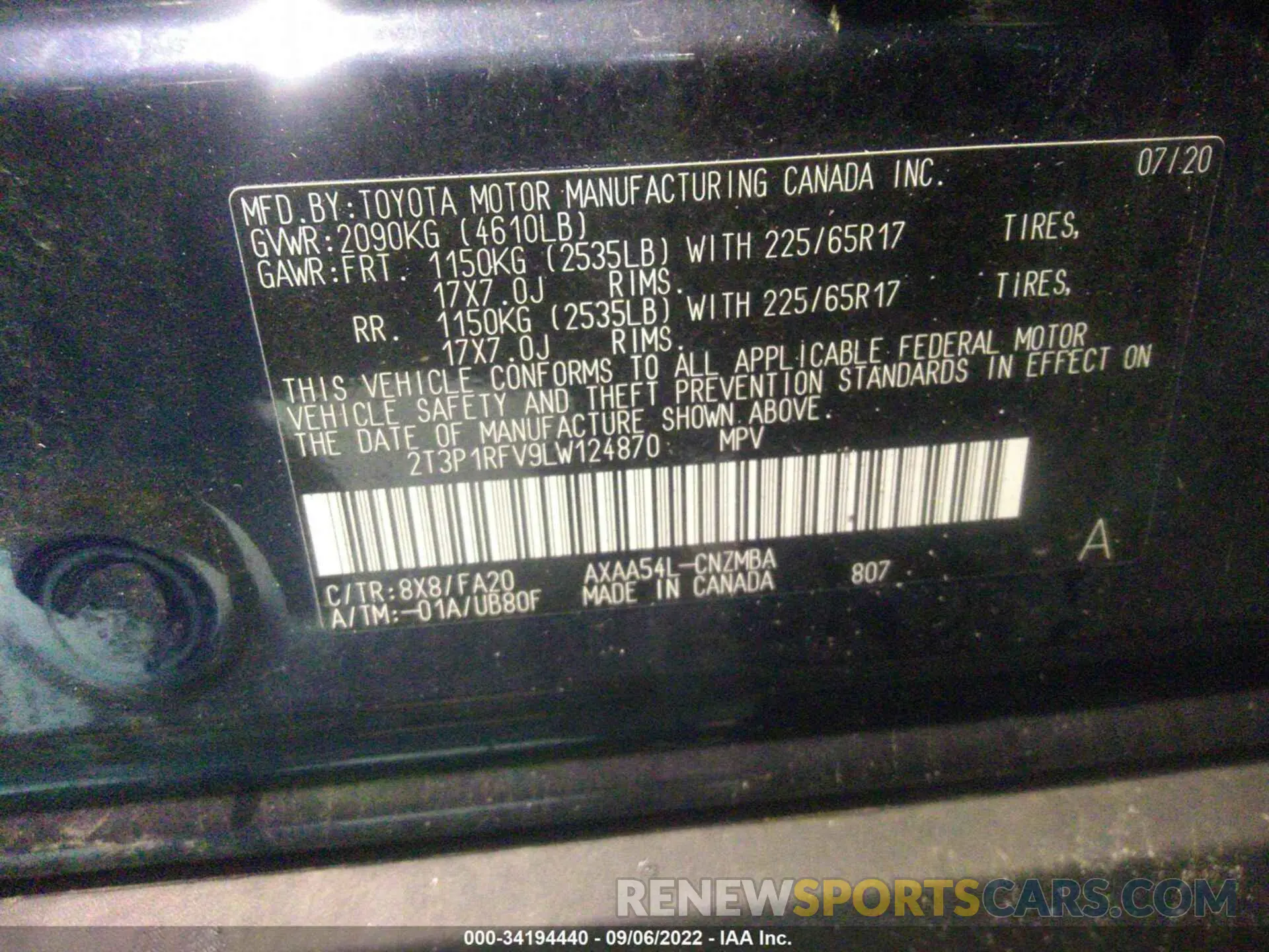9 fotografías del automóvil dañado 2T3P1RFV9LW124870 TOYOTA RAV4 2020
