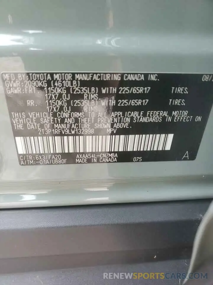 13 fotografías del automóvil dañado 2T3P1RFV9LW132998 TOYOTA RAV4 2020