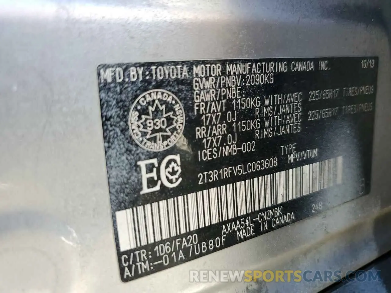 14 fotografías del automóvil dañado 2T3R1RFV5LC063608 TOYOTA RAV4 2020