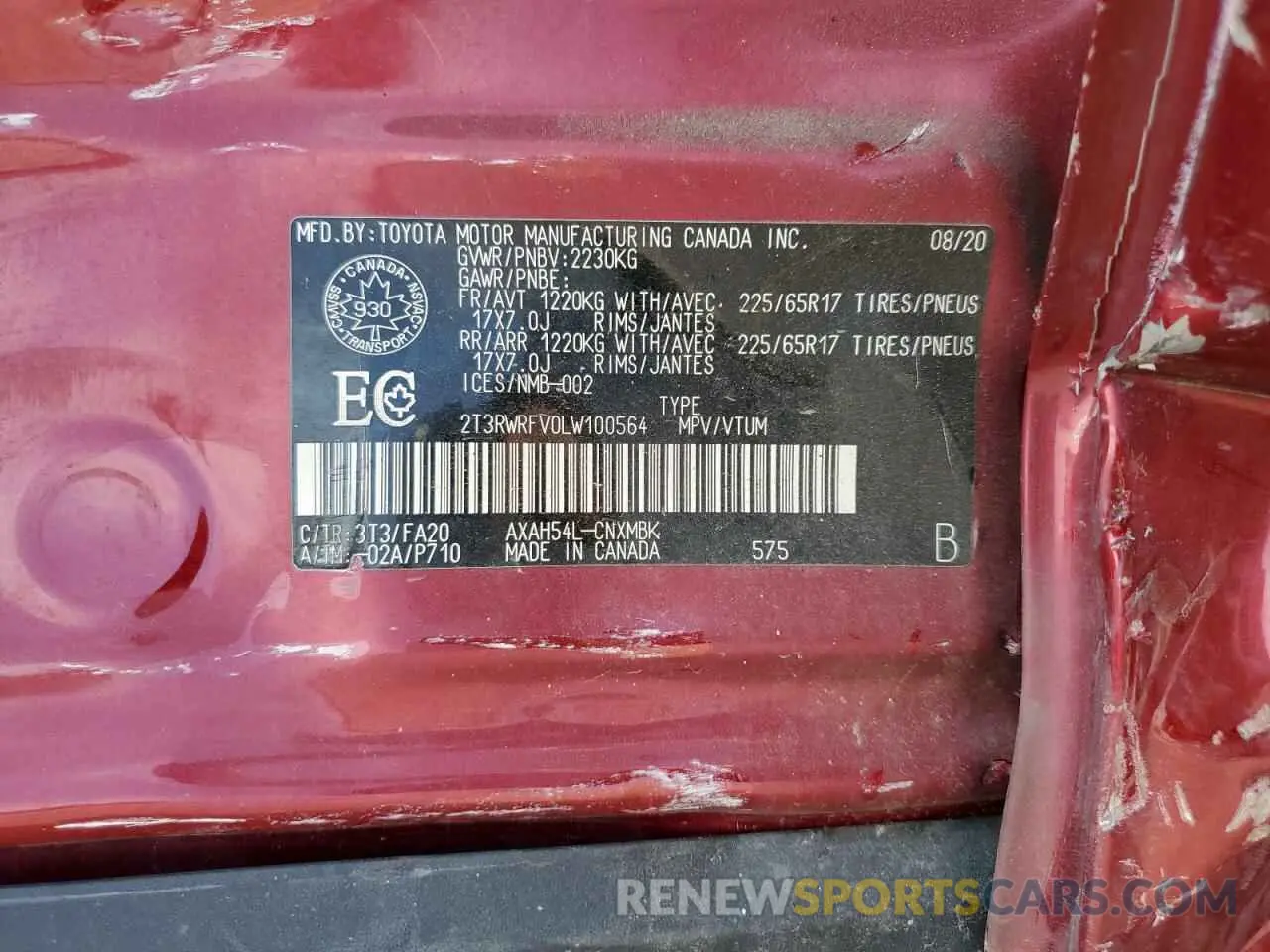 14 fotografías del automóvil dañado 2T3RWRFV0LW100564 TOYOTA RAV4 2020
