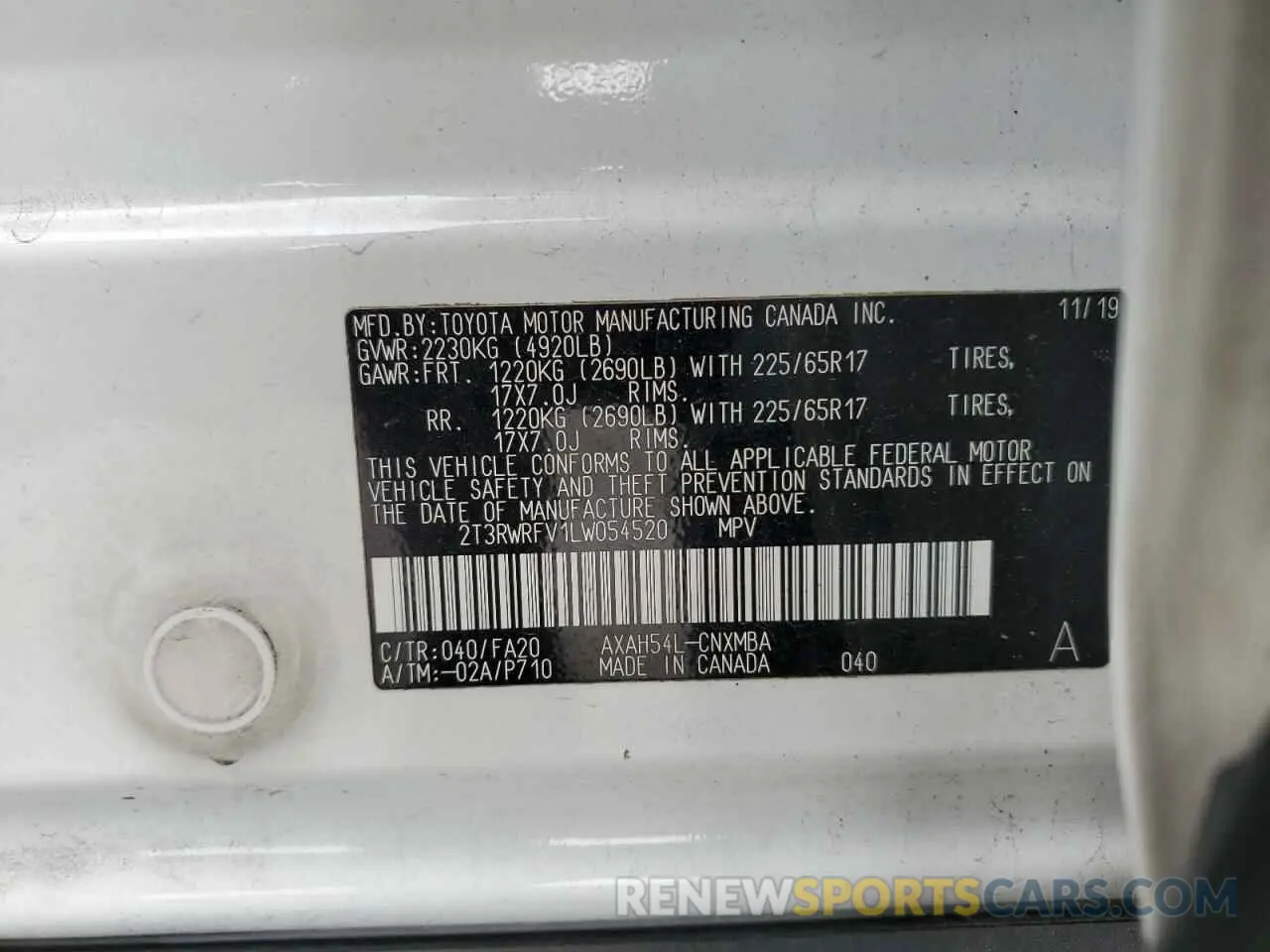 14 fotografías del automóvil dañado 2T3RWRFV1LW054520 TOYOTA RAV4 2020