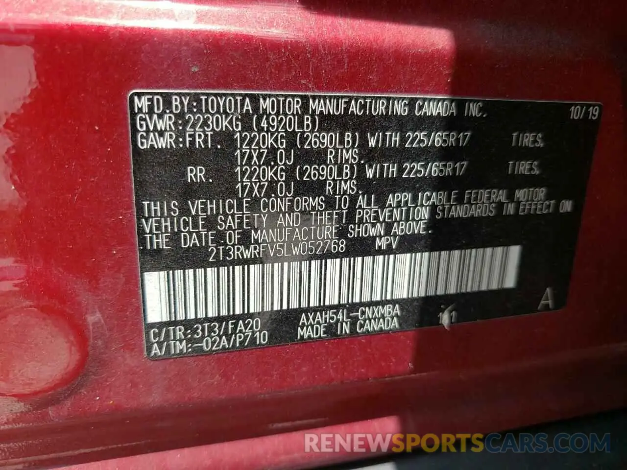 10 fotografías del automóvil dañado 2T3RWRFV5LW052768 TOYOTA RAV4 2020