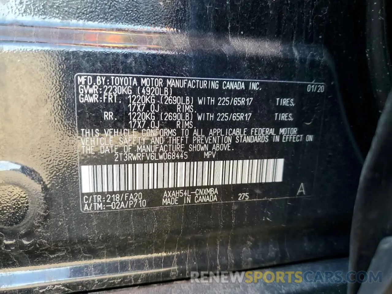 10 fotografías del automóvil dañado 2T3RWRFV6LW068445 TOYOTA RAV4 2020