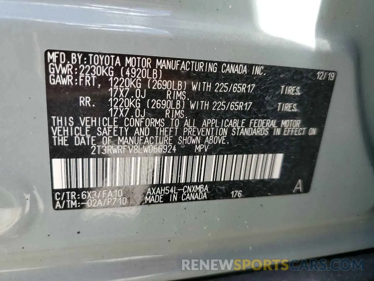 14 fotografías del automóvil dañado 2T3RWRFV8LW066924 TOYOTA RAV4 2020