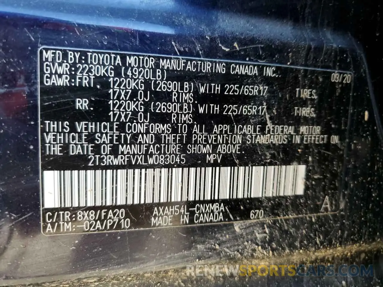 13 fotografías del automóvil dañado 2T3RWRFVXLW083045 TOYOTA RAV4 2020