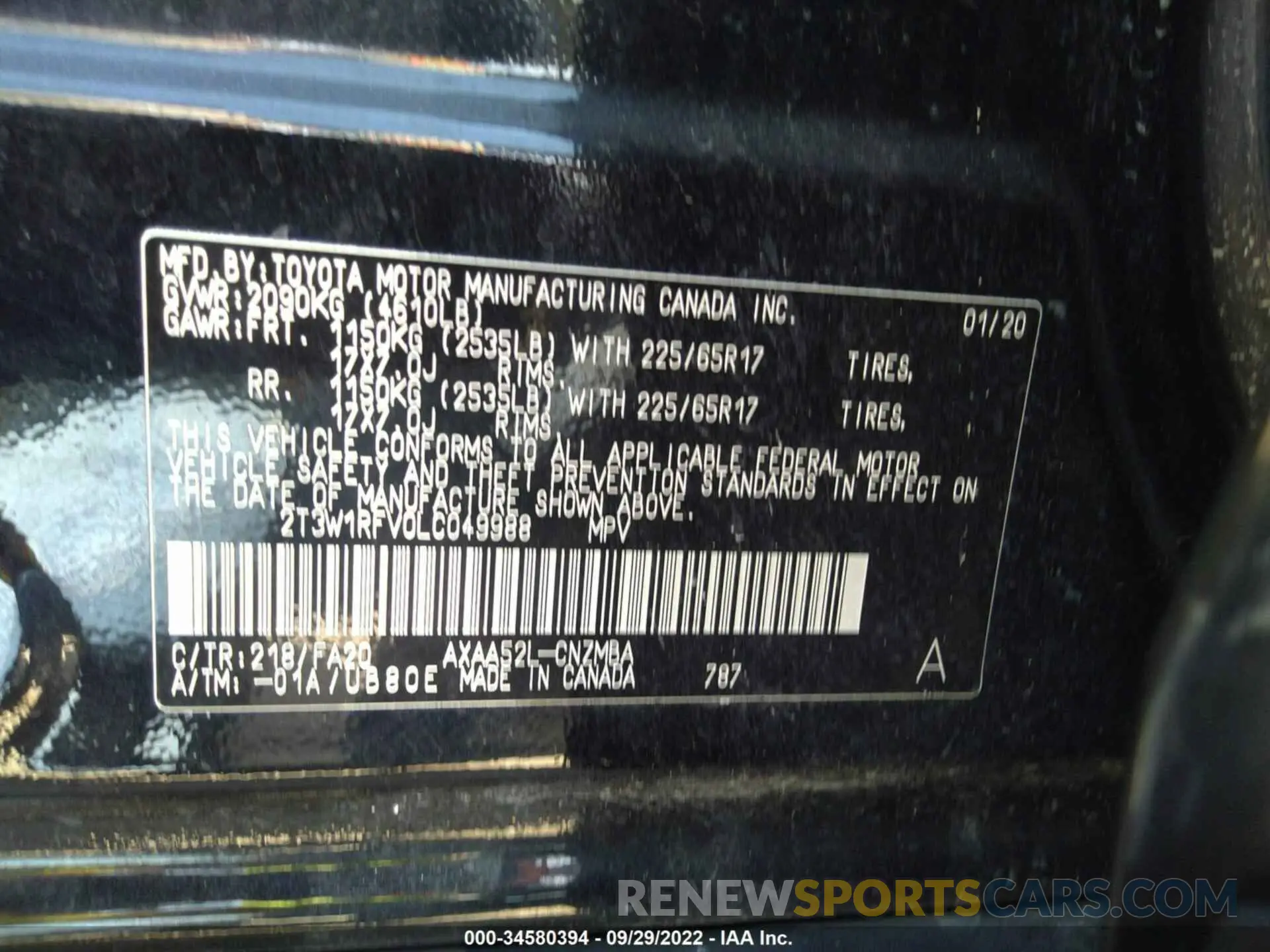 9 fotografías del automóvil dañado 2T3W1RFV0LC049988 TOYOTA RAV4 2020