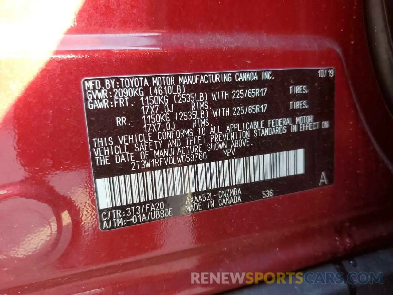 13 fotografías del automóvil dañado 2T3W1RFV0LW059760 TOYOTA RAV4 2020