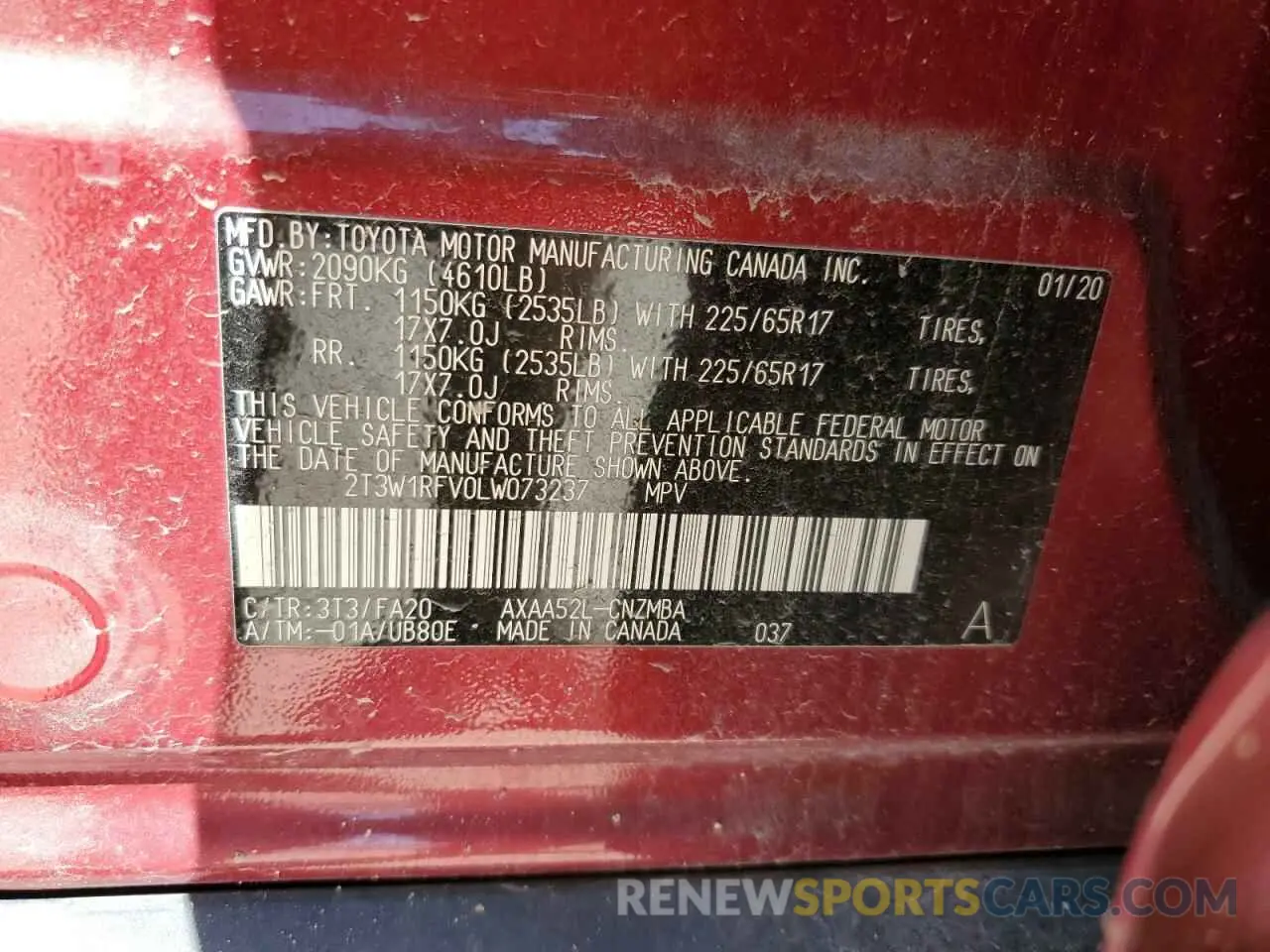 12 fotografías del automóvil dañado 2T3W1RFV0LW073237 TOYOTA RAV4 2020