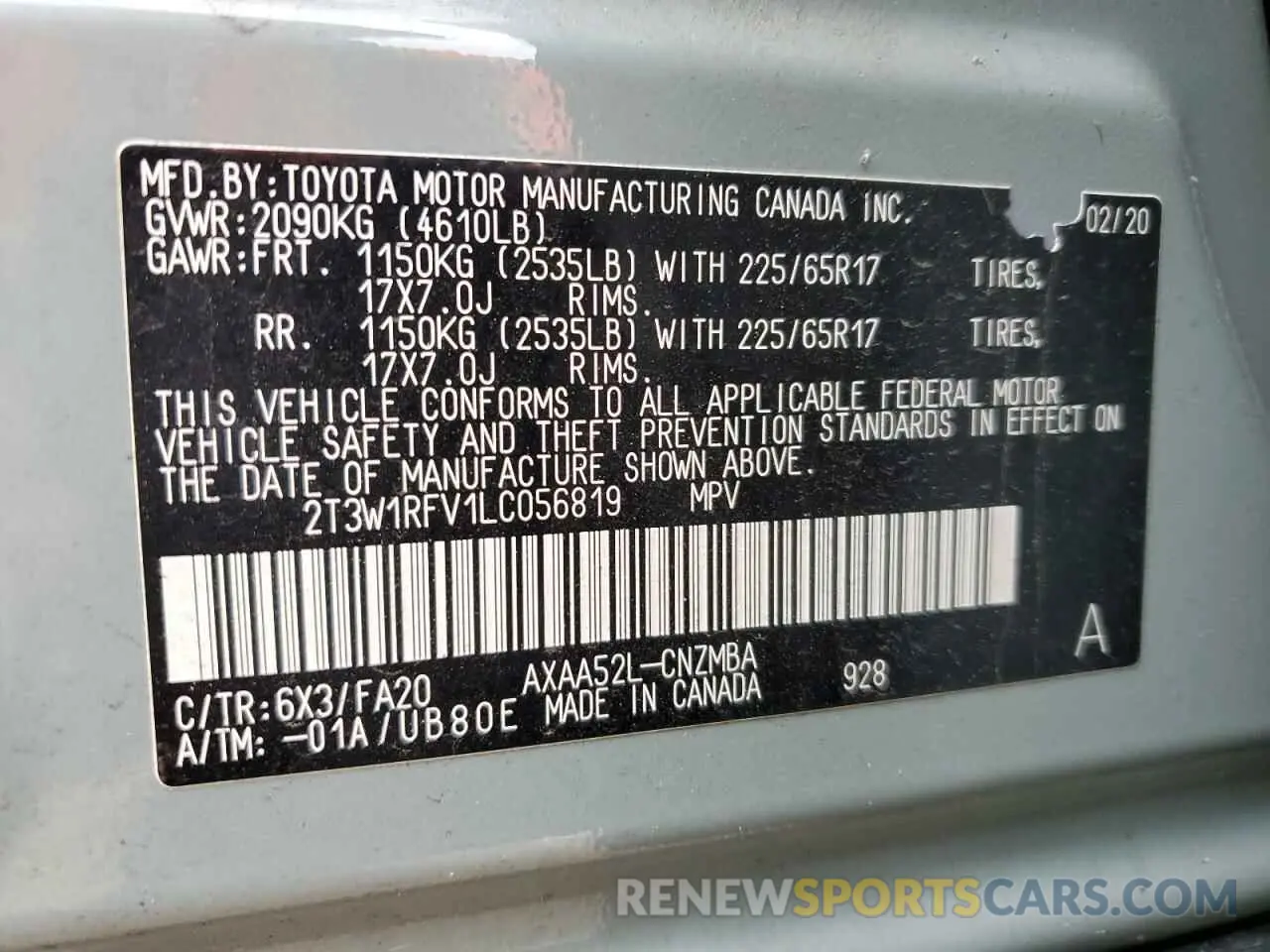 12 fotografías del automóvil dañado 2T3W1RFV1LC056819 TOYOTA RAV4 2020