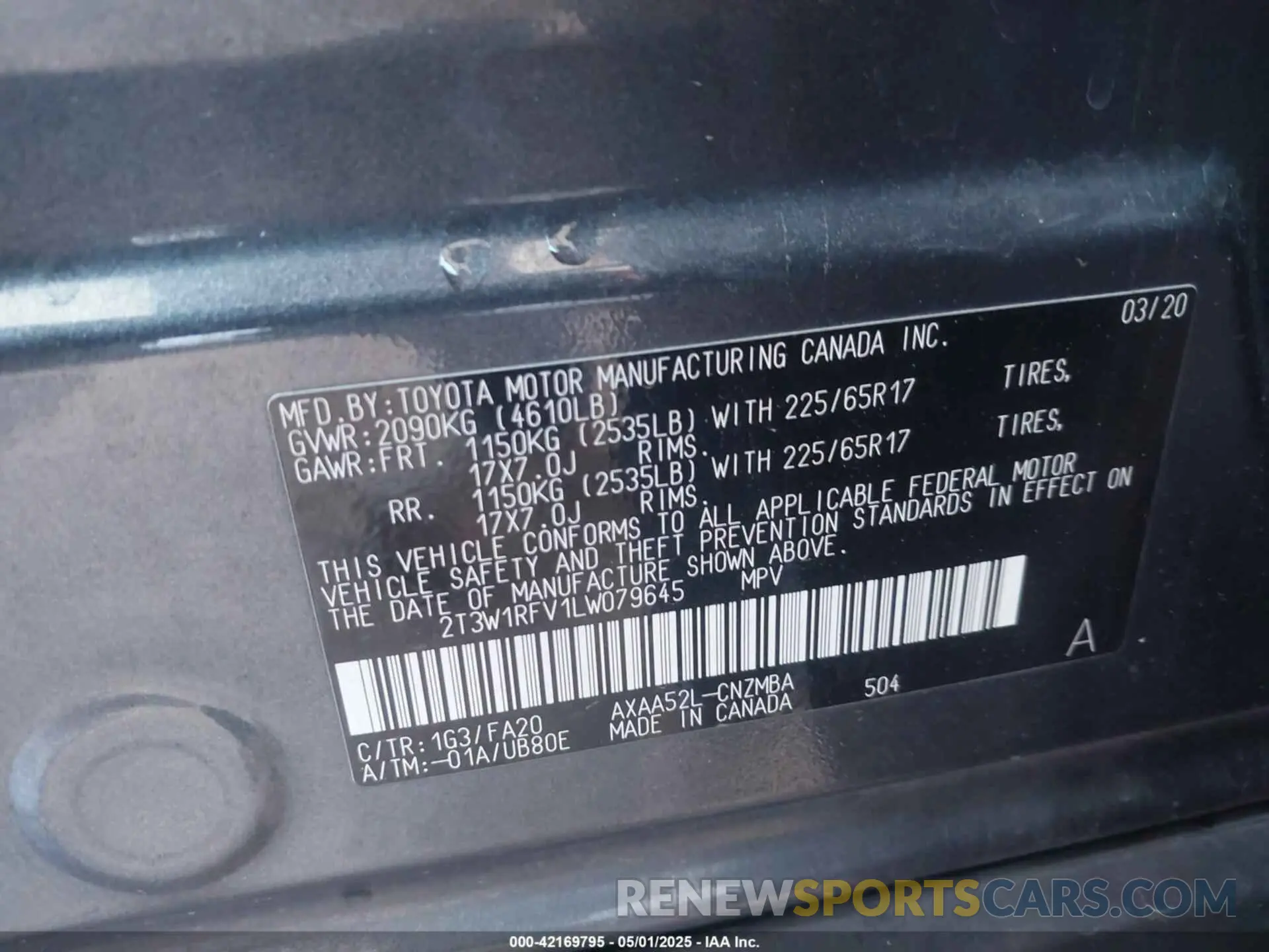 9 fotografías del automóvil dañado 2T3W1RFV1LW079645 TOYOTA RAV4 2020