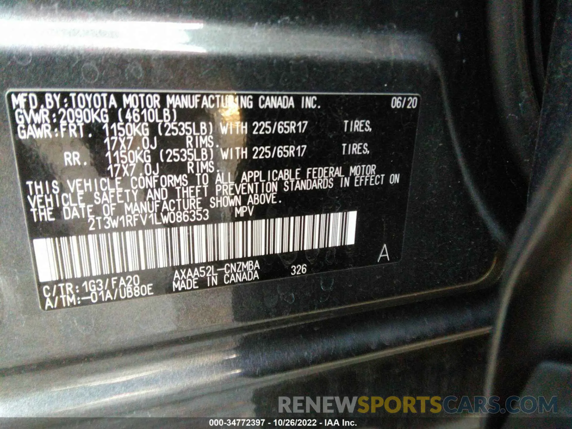 9 fotografías del automóvil dañado 2T3W1RFV1LW086353 TOYOTA RAV4 2020