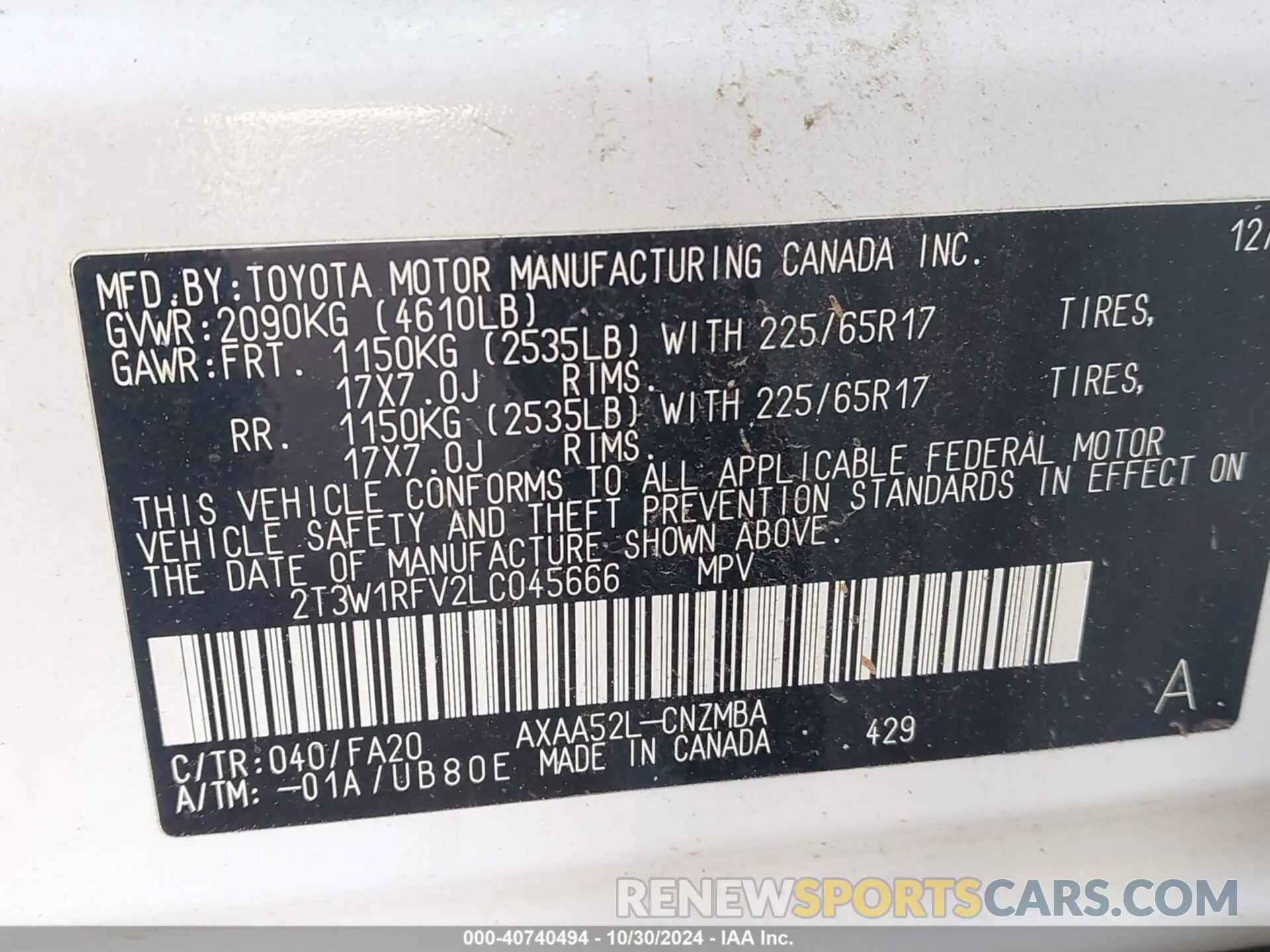 9 fotografías del automóvil dañado 2T3W1RFV2LC045666 TOYOTA RAV4 2020