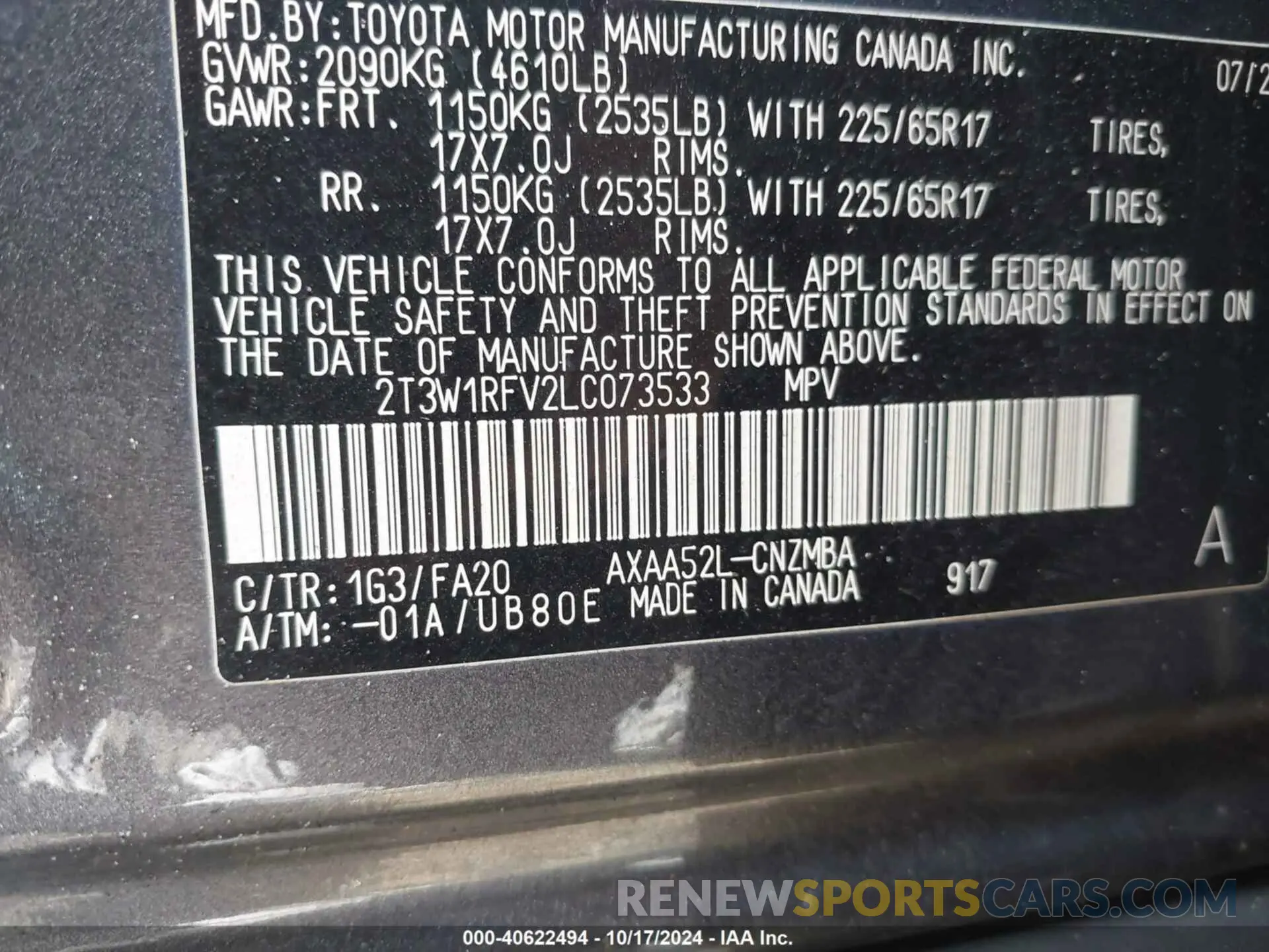 9 fotografías del automóvil dañado 2T3W1RFV2LC073533 TOYOTA RAV4 2020