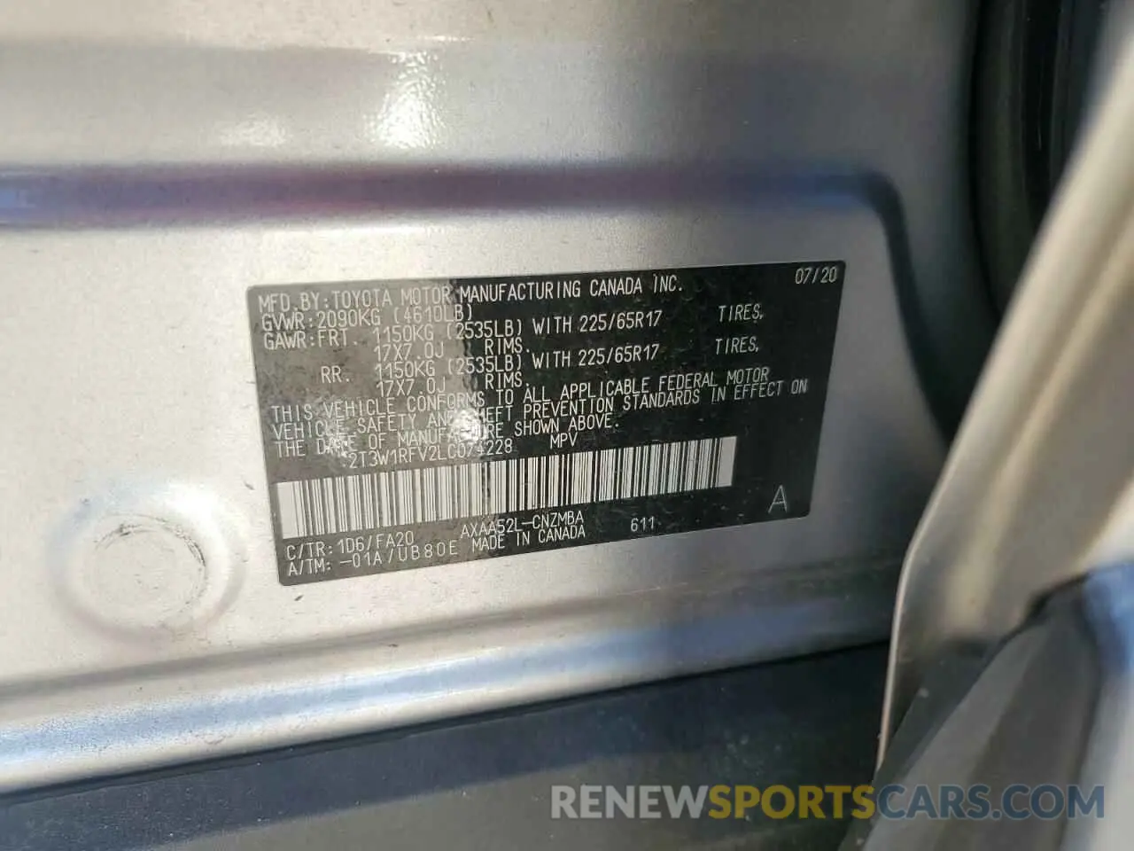 14 fotografías del automóvil dañado 2T3W1RFV2LC074228 TOYOTA RAV4 2020