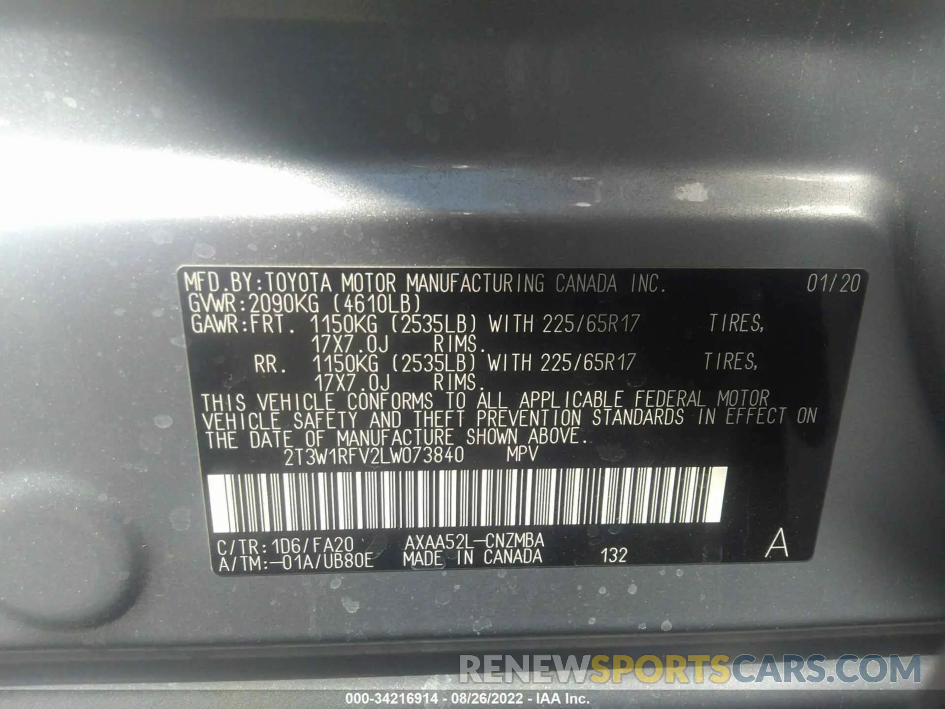 9 fotografías del automóvil dañado 2T3W1RFV2LW073840 TOYOTA RAV4 2020