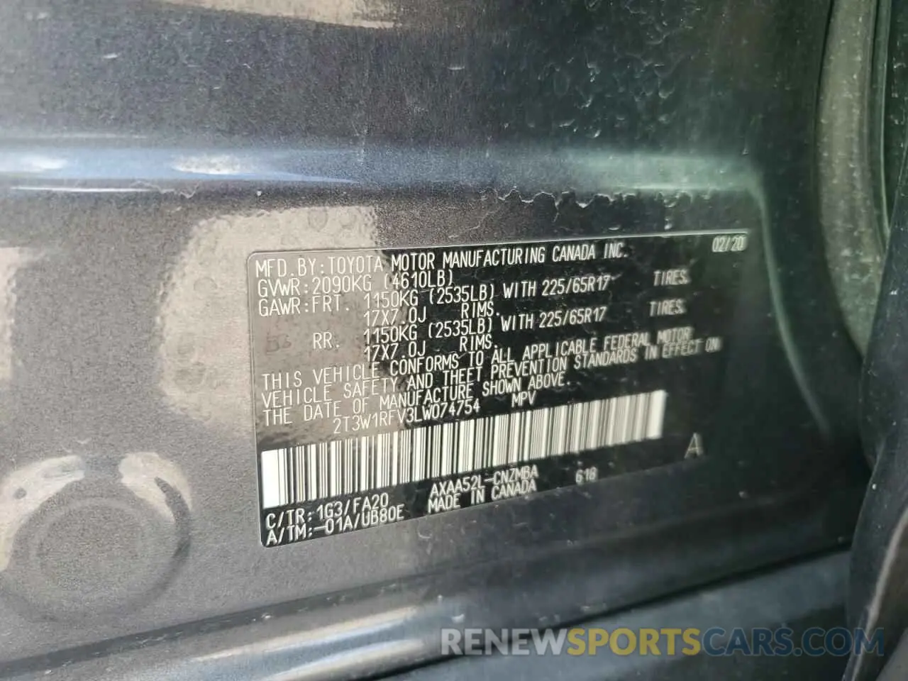14 fotografías del automóvil dañado 2T3W1RFV3LW074754 TOYOTA RAV4 2020