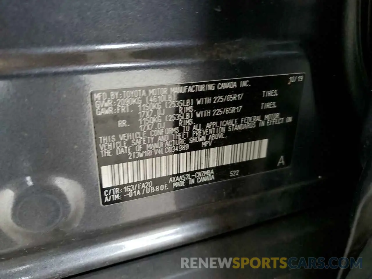 10 fotografías del automóvil dañado 2T3W1RFV4LC034989 TOYOTA RAV4 2020