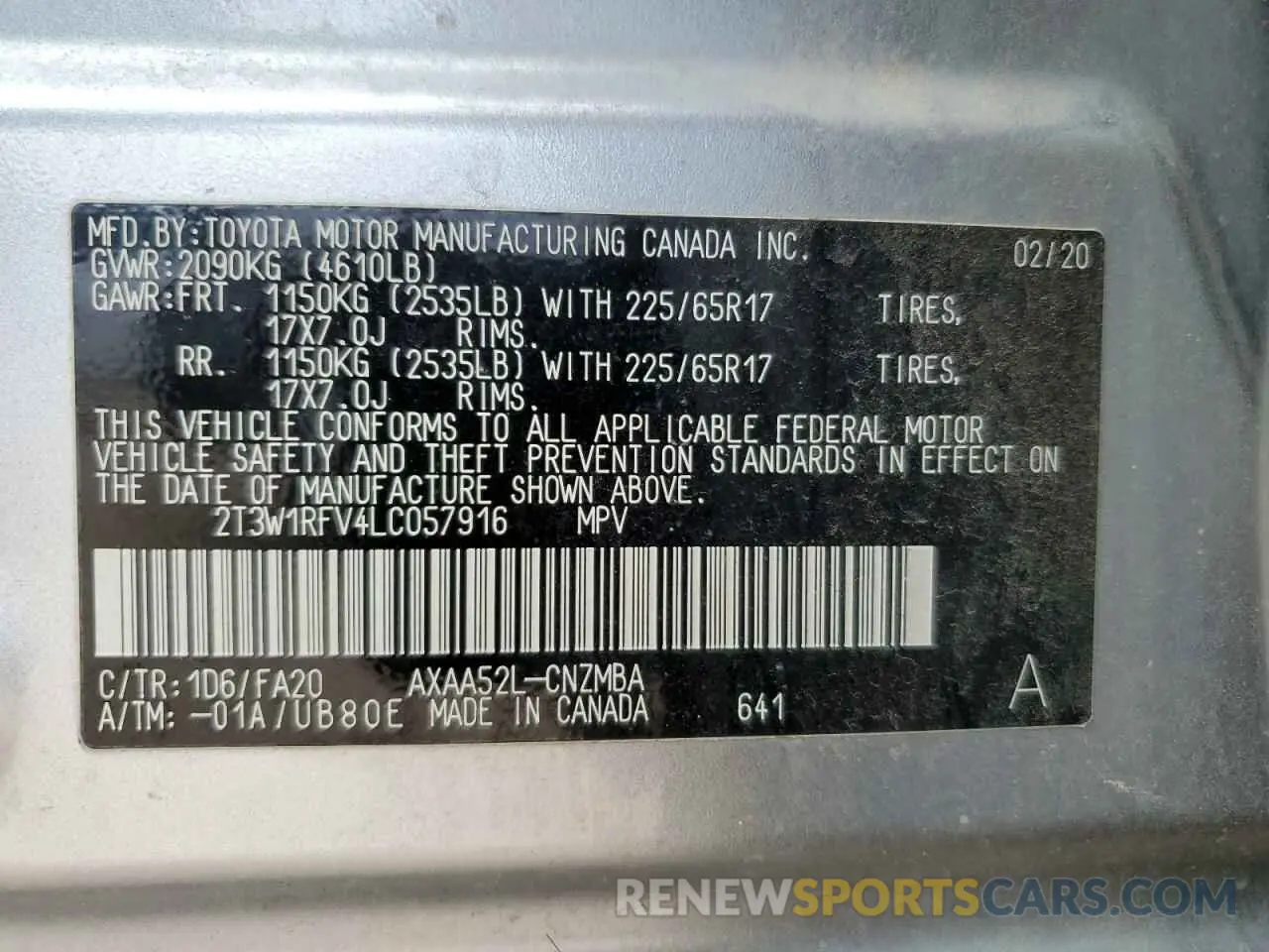 14 fotografías del automóvil dañado 2T3W1RFV4LC057916 TOYOTA RAV4 2020