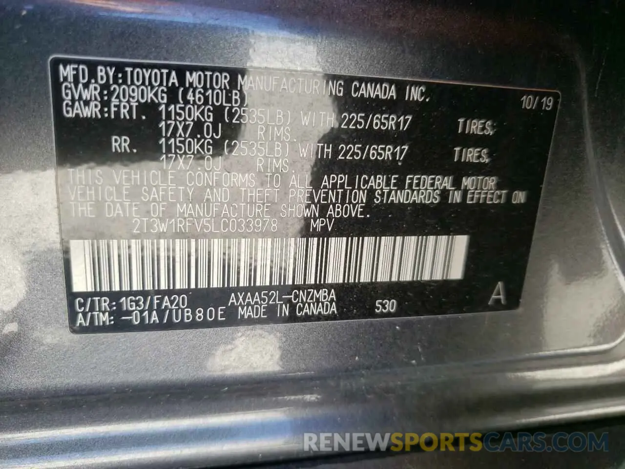 10 fotografías del automóvil dañado 2T3W1RFV5LC033978 TOYOTA RAV4 2020