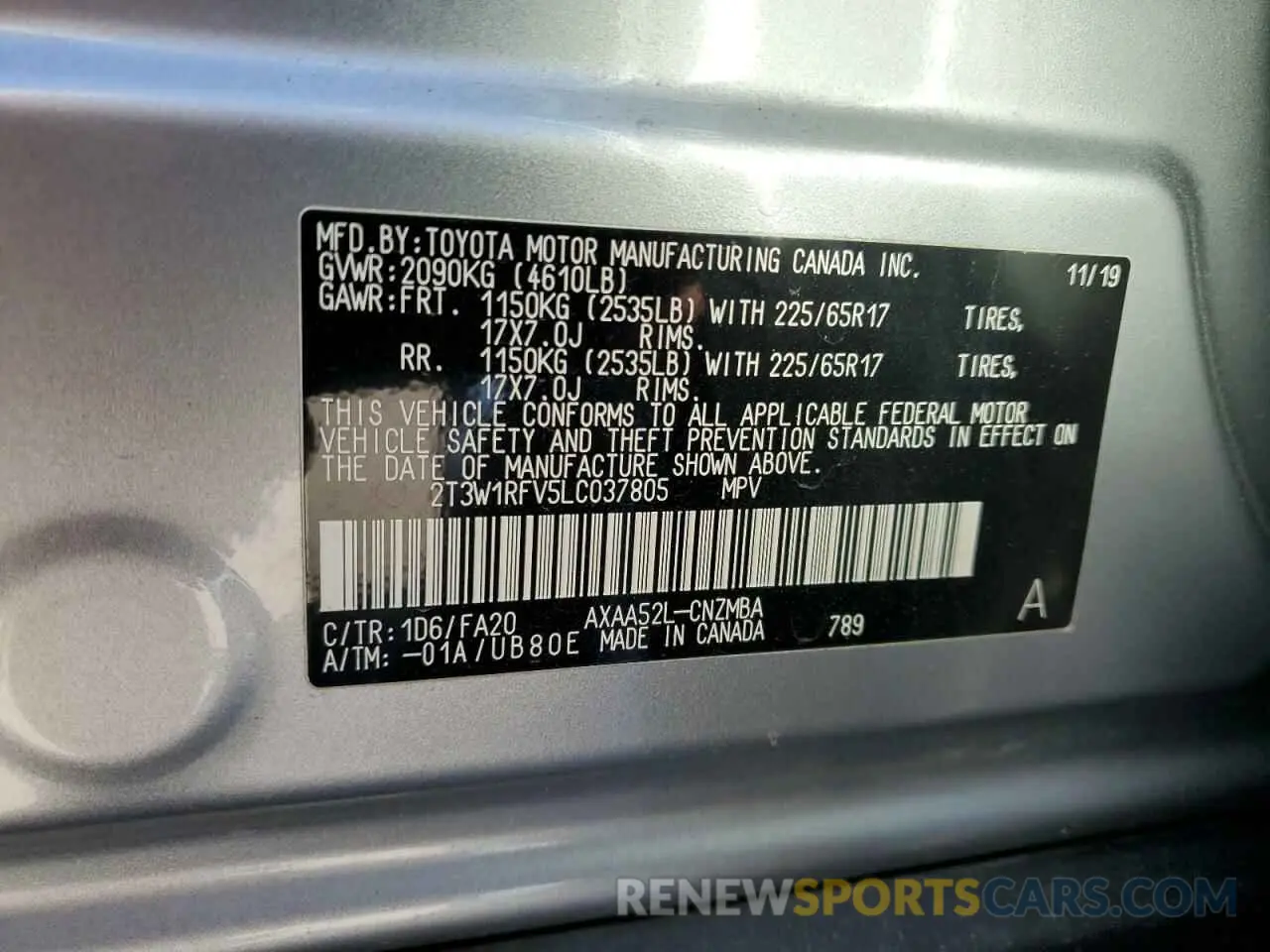 13 fotografías del automóvil dañado 2T3W1RFV5LC037805 TOYOTA RAV4 2020