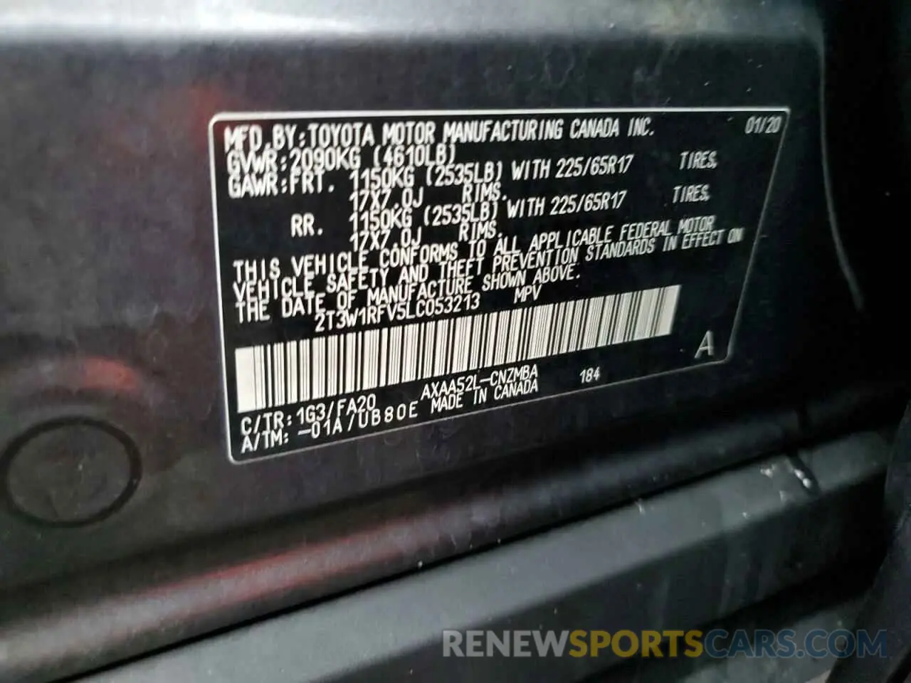 14 fotografías del automóvil dañado 2T3W1RFV5LC053213 TOYOTA RAV4 2020