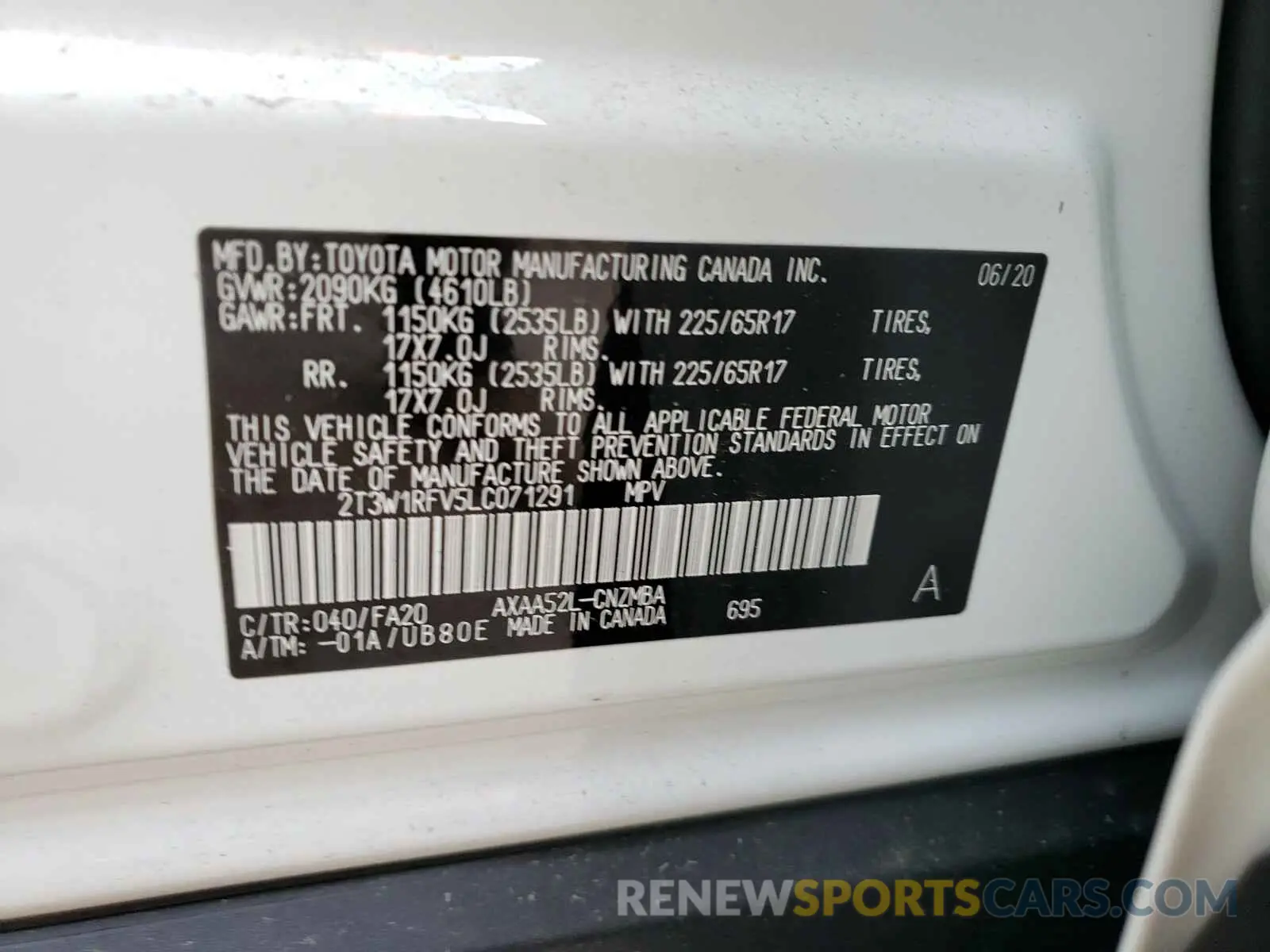 10 fotografías del automóvil dañado 2T3W1RFV5LC071291 TOYOTA RAV4 2020